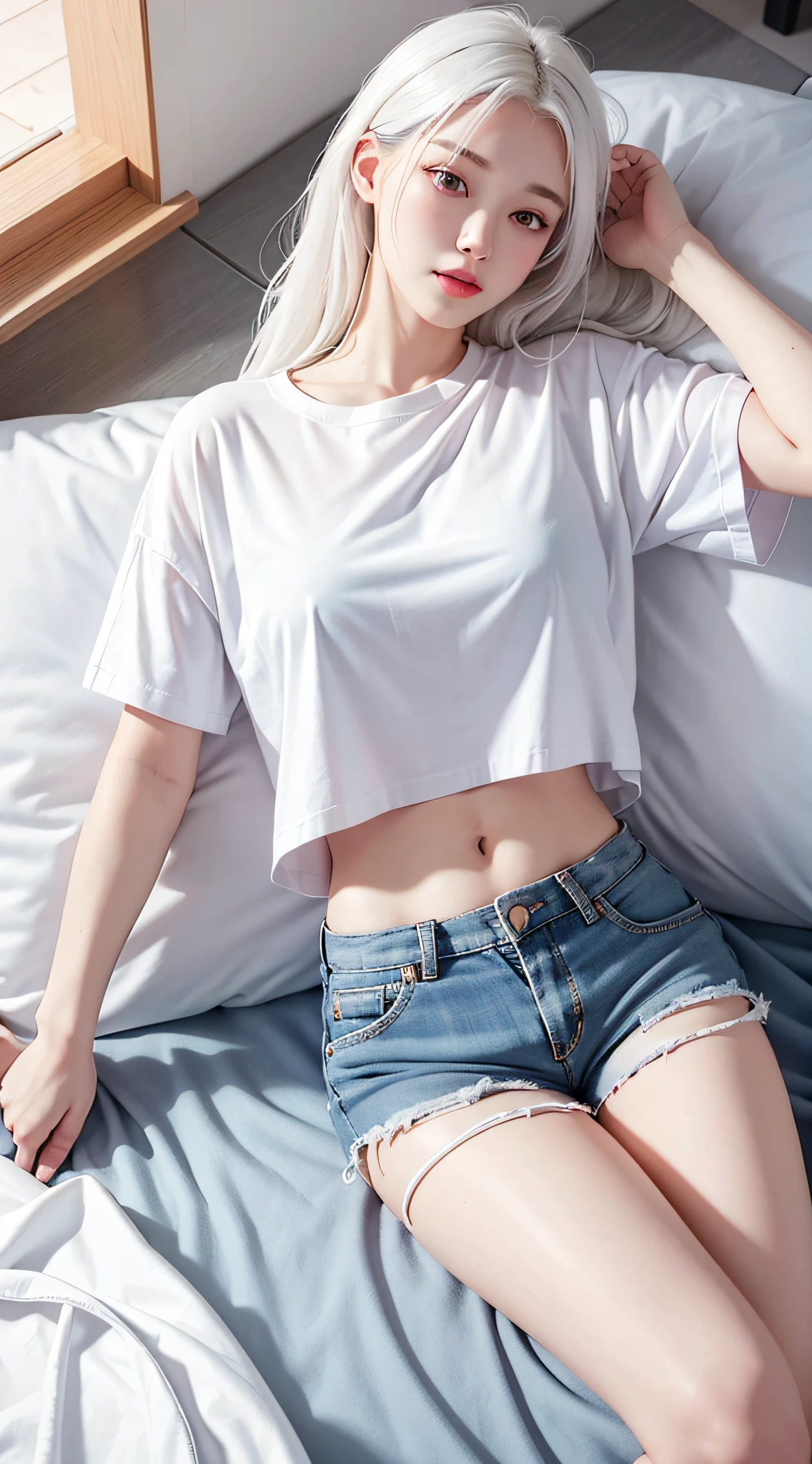 realistic, high resolution, 1 girl, white hair, Korean,, loose white shirt, shorts, medium, thighs, lying in bed
