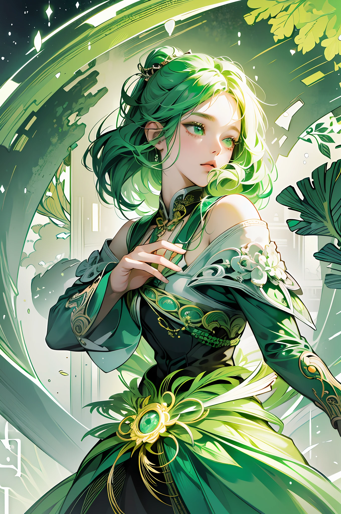 (Absurd, High Resolution, Ultra Detailed), 1girl, Solo, Very Detailed Eye, (Official Art, Beautiful and Aesthetic: 1.2), (Fractal Art: 1.3), White and Green Color Scheme, Most Detailed --auto --s2