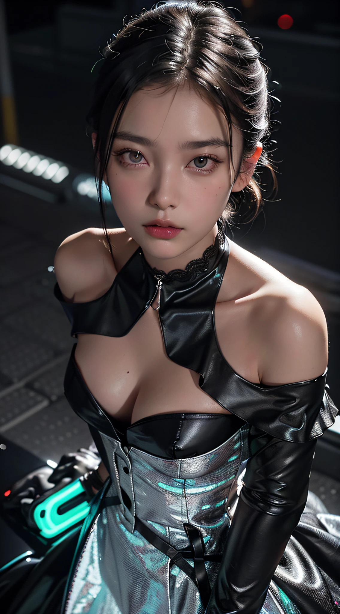 close up, (neon, night view, dutch angle, from above, strapless:1.3), masterpiece, best quality, raw photo, photorealistic, off shoulder, black lace dress, black choker, black eyes, updo, upper body, cleavage, facelight, shiny skin, film grain, chromatic aberration, absurdres, highres, ultra detailed, finely detail, detailed eyes and face, sharp pupils, realistic pupils, sharp focus