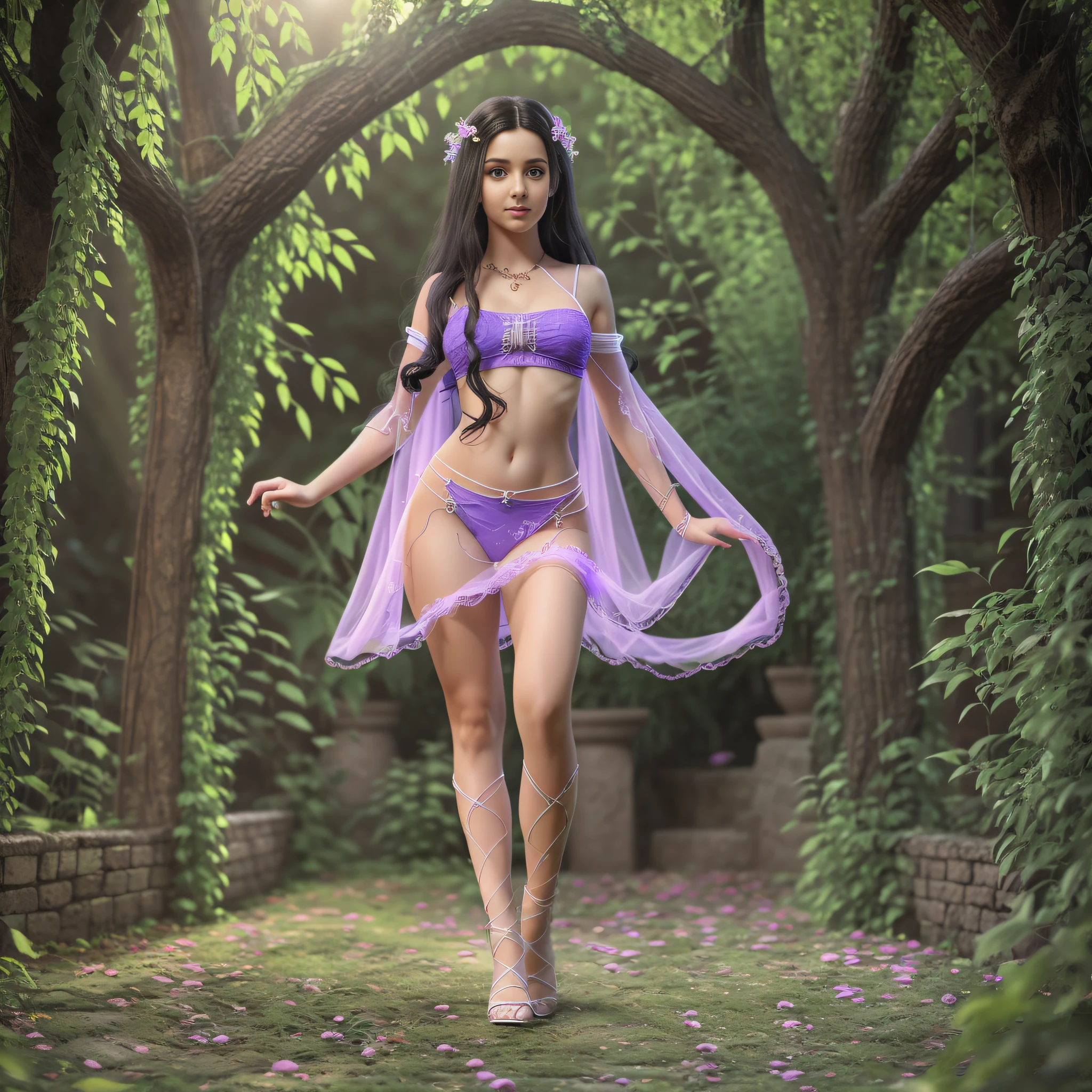 Full body, EVA Rapunzel girl with graceful figure with black hair in the Garden of Eden, girl's body sexy, legs long and graceful, graceful ankles, in the background tree of life on which serpent tempts and red apple of life knowledge, serpent tempts girl, photorealism, super detailed, site 500px, contrast lighting, outline around girl, fill light is soft, 32k