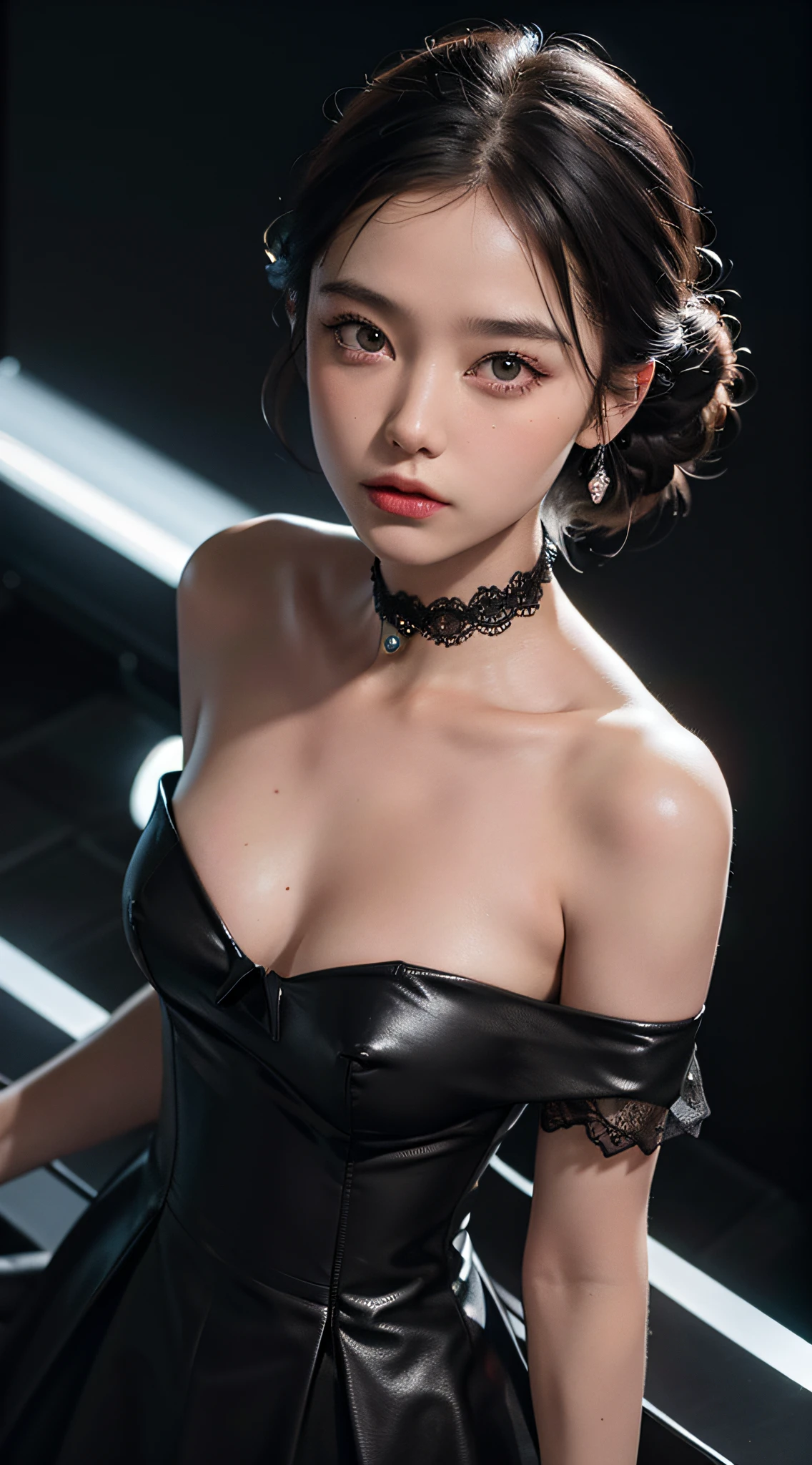 close up, (neon, night view, dutch angle, from above, strapless:1.3), masterpiece, best quality, raw photo, photorealistic, off shoulder, black lace dress, black choker, black eyes, updo, upper body, cleavage, facelight, shiny skin, film grain, chromatic aberration, absurdres, highres, ultra detailed, finely detail, detailed eyes and face, sharp pupils, realistic pupils, sharp focus