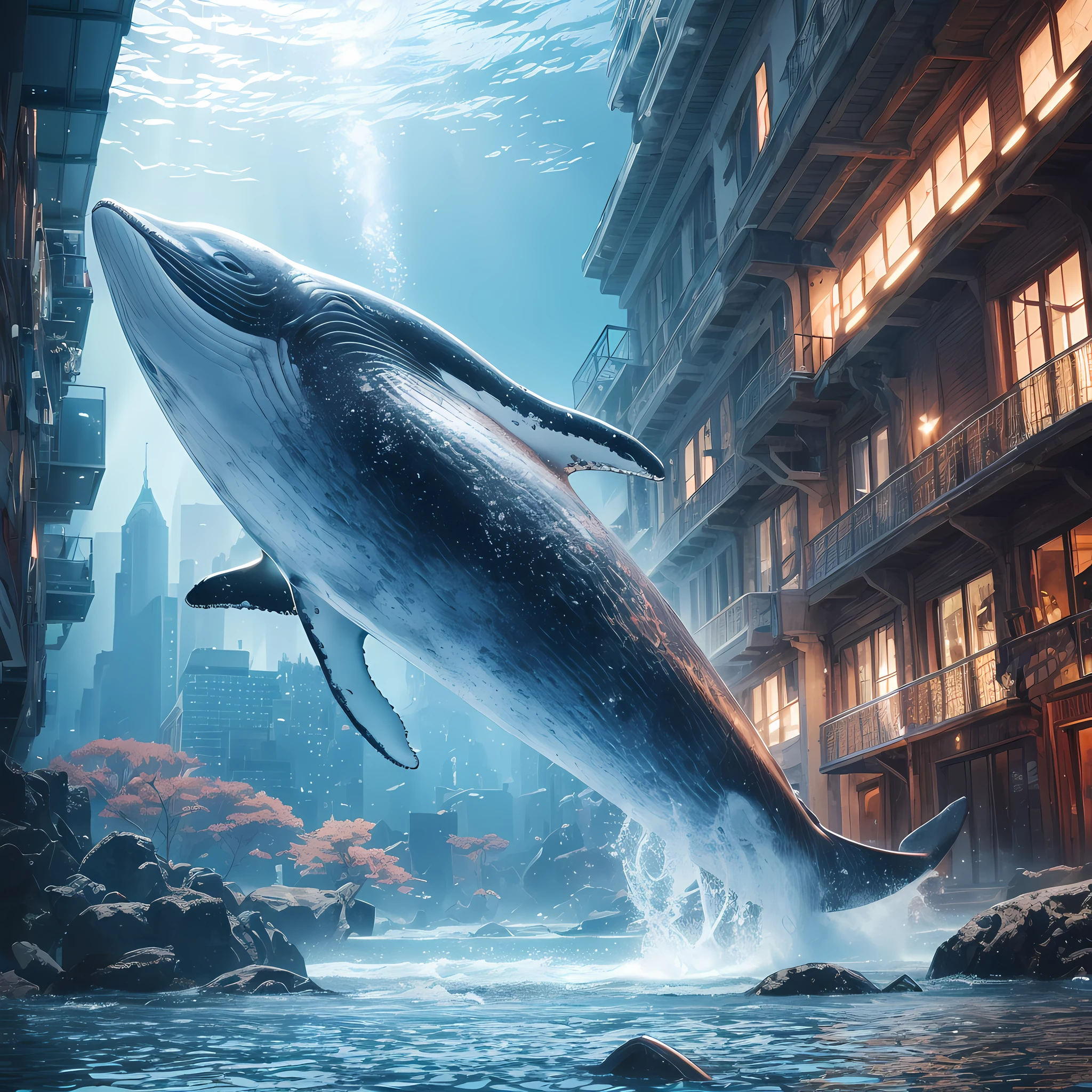 highres, shadows, absurdres, best_quality, ultra_detailed, 8k, extremely_clear, photograph, beautiful, sharp focus, hdr, underwater, giant whale, fantastic location, dream, flying, underwater cyberpunk city --auto --s2