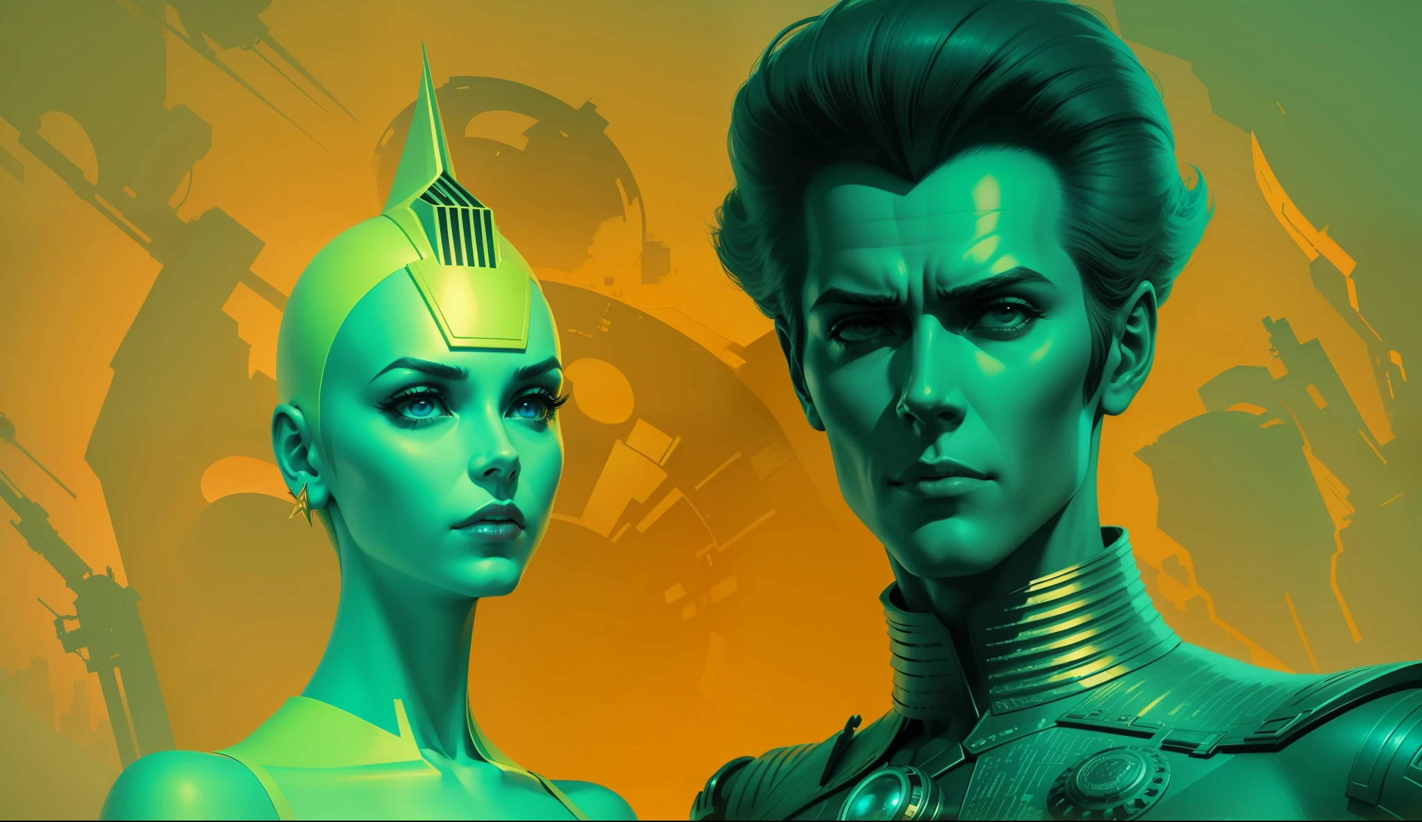 a man and a woman are standing next to each other, poster art by Jim Steranko, zbrush central contest winner, retrofuturism, reimagined by industrial light and magic, daz3d, surrealist