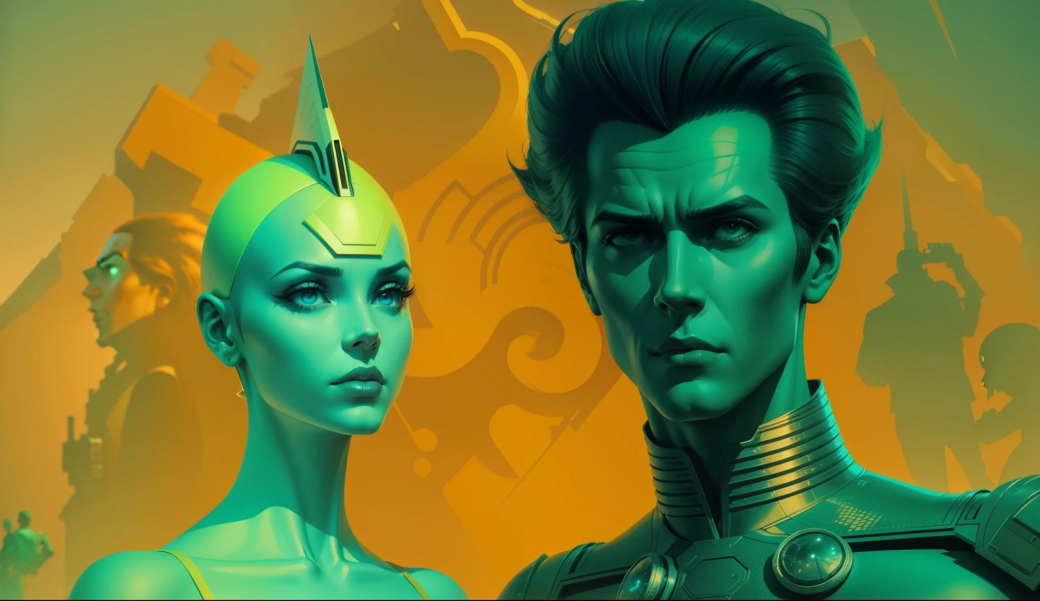 a man and a woman are standing next to each other, poster art by Jim Steranko, zbrush central contest winner, retrofuturism, reimagined by industrial light and magic, daz3d, surrealist