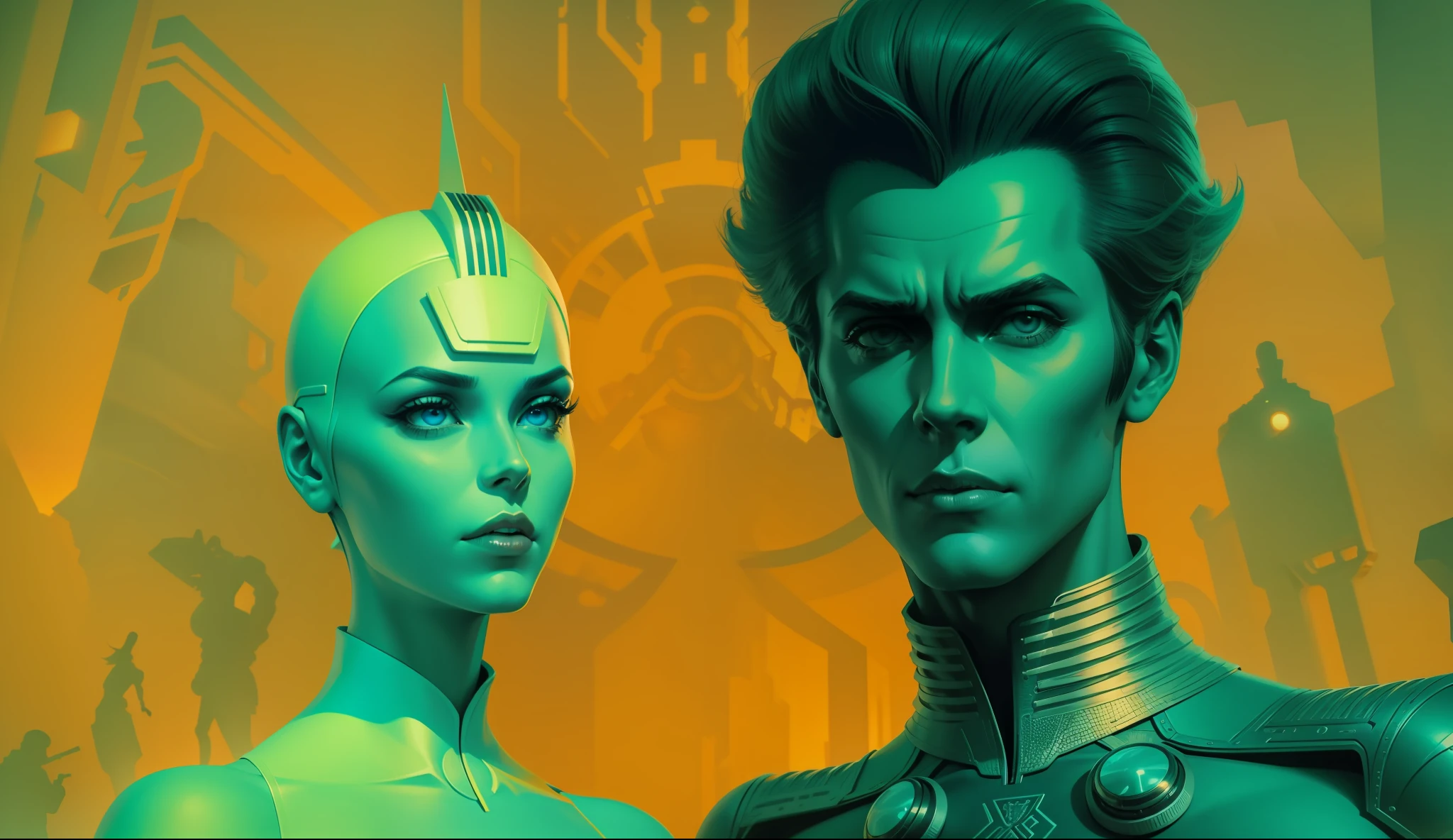 a man and a woman are standing next to each other, poster art by Jim Steranko, zbrush central contest winner, retrofuturism, reimagined by industrial light and magic, daz3d, surrealist