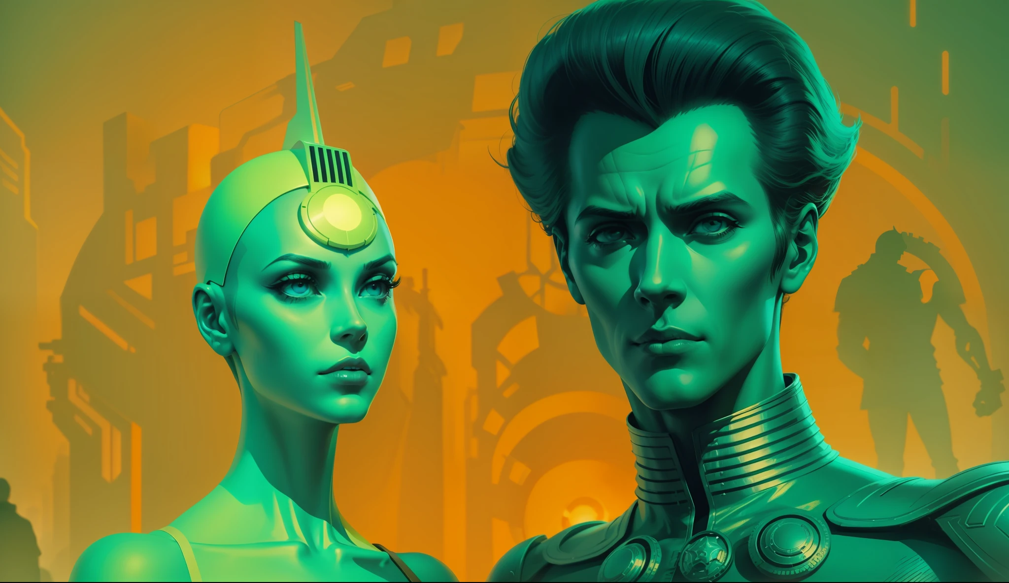 a man and a woman are standing next to each other, poster art by Jim Steranko, zbrush central contest winner, retrofuturism, reimagined by industrial light and magic, daz3d, surrealist