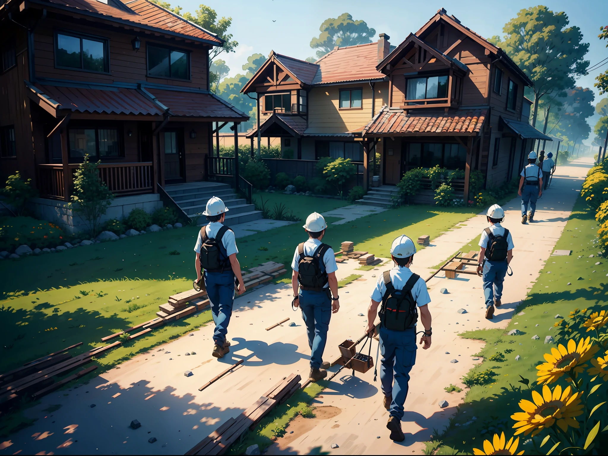 Multi-person scenes, very many people, many workers, moving stones, moving wood, building houses, positive perspective, suburbs