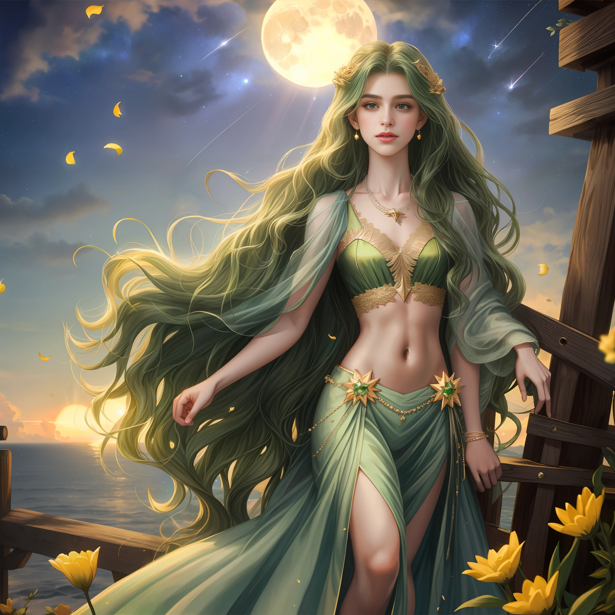 Full-body image, 8K, A masterpiece, the most detailed, the highest quality, the perfect look. too much realistic oil, create fit, man, lean shape, slim body, petite, long wavy hair, green hair, flat belly, diamond ring necklace, heaven, stars, sunlight, moonlight, moon, firefly, wilted flower petals, shooting star, clouds,