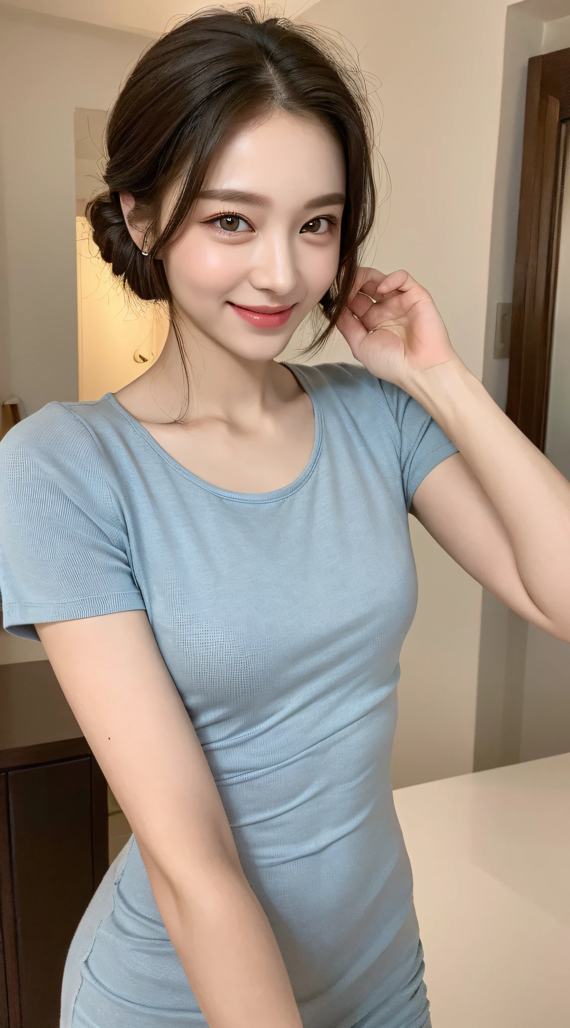 ((Best Quality, 8K, Masterpiece: 1.3)), 1girl, Slim Abs Beauty: 1.3, (Casual hairstyle, Big: 1.2), Dress: 1.1, Super fine face, Fine eyes, Double eyelids, smile, homely