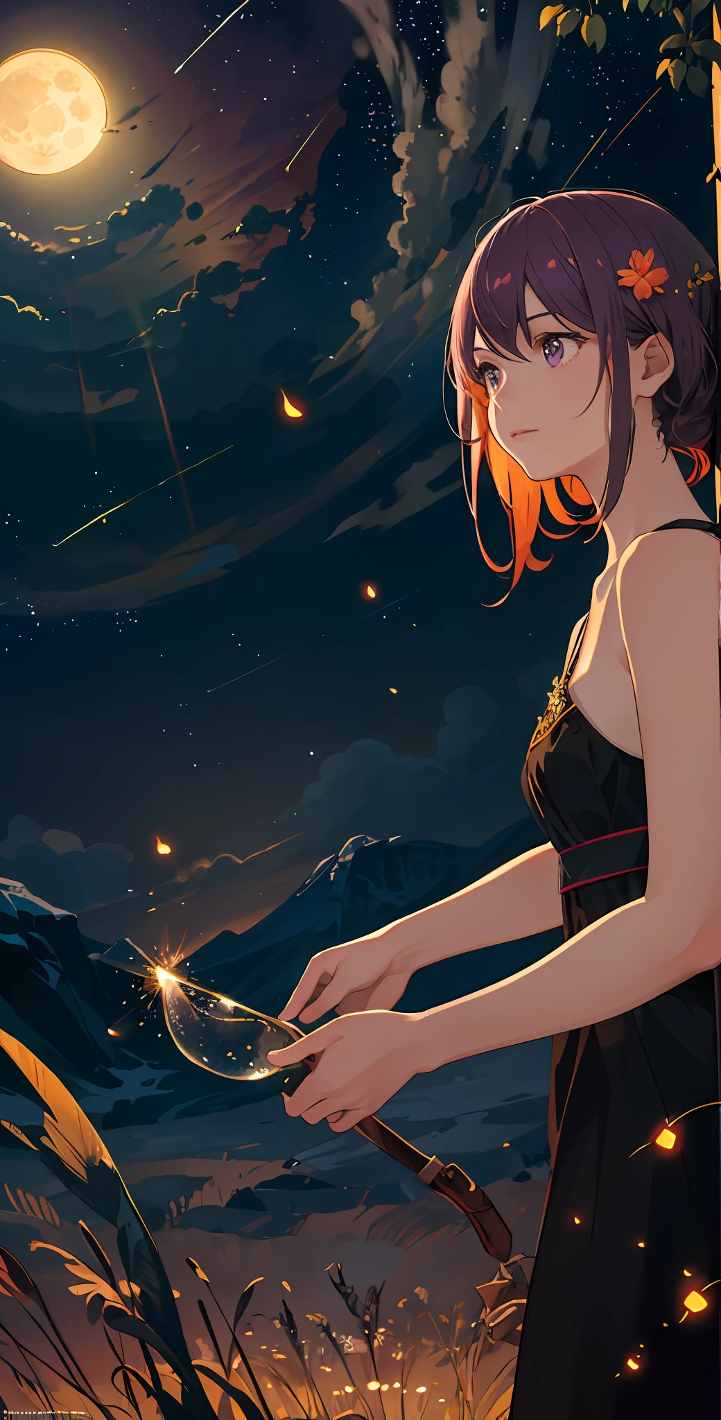 Vast landscape photo, (viewed from below, the sky is above and the open field is below), a girl standing on a flower field looking up, (full moon: 1.2), (meteor: 0.9), (nebula: 1.3), distant mountains , Trees BREAK Crafting Art, (Warm Light: 1.2), (Fireflies: 1.2), Lights, Lots of Purple and Orange, Intricate Details, Volumetric Lighting, Realism BREAK (Masterpiece: 1.2), (Best Quality), 4k, Ultra-Detailed, (Dynamic Composition: 1.4), Very Detailed, Colorful Details, (Rainbow Colors: 1.2), (Glow Lighting, Atmospheric Lighting), Dreamy, Magical, (Solo: 1.2)