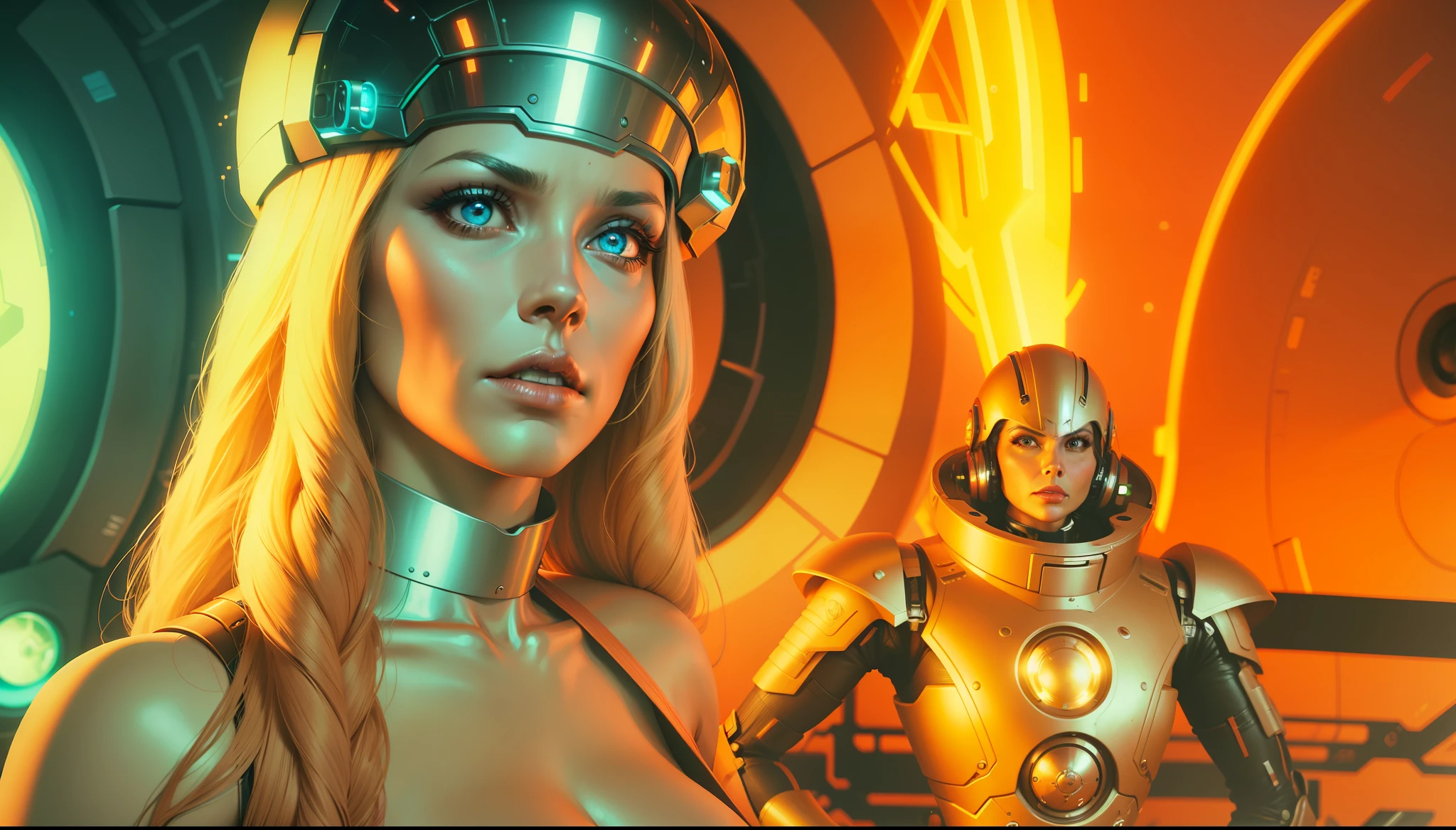 a woman in a sci - fi fi outfit standing next to a robot, poster art by David LaChapelle, featured on zbrush central, retrofuturism, sci-fi, reimagined by industrial light and magic, futuristic