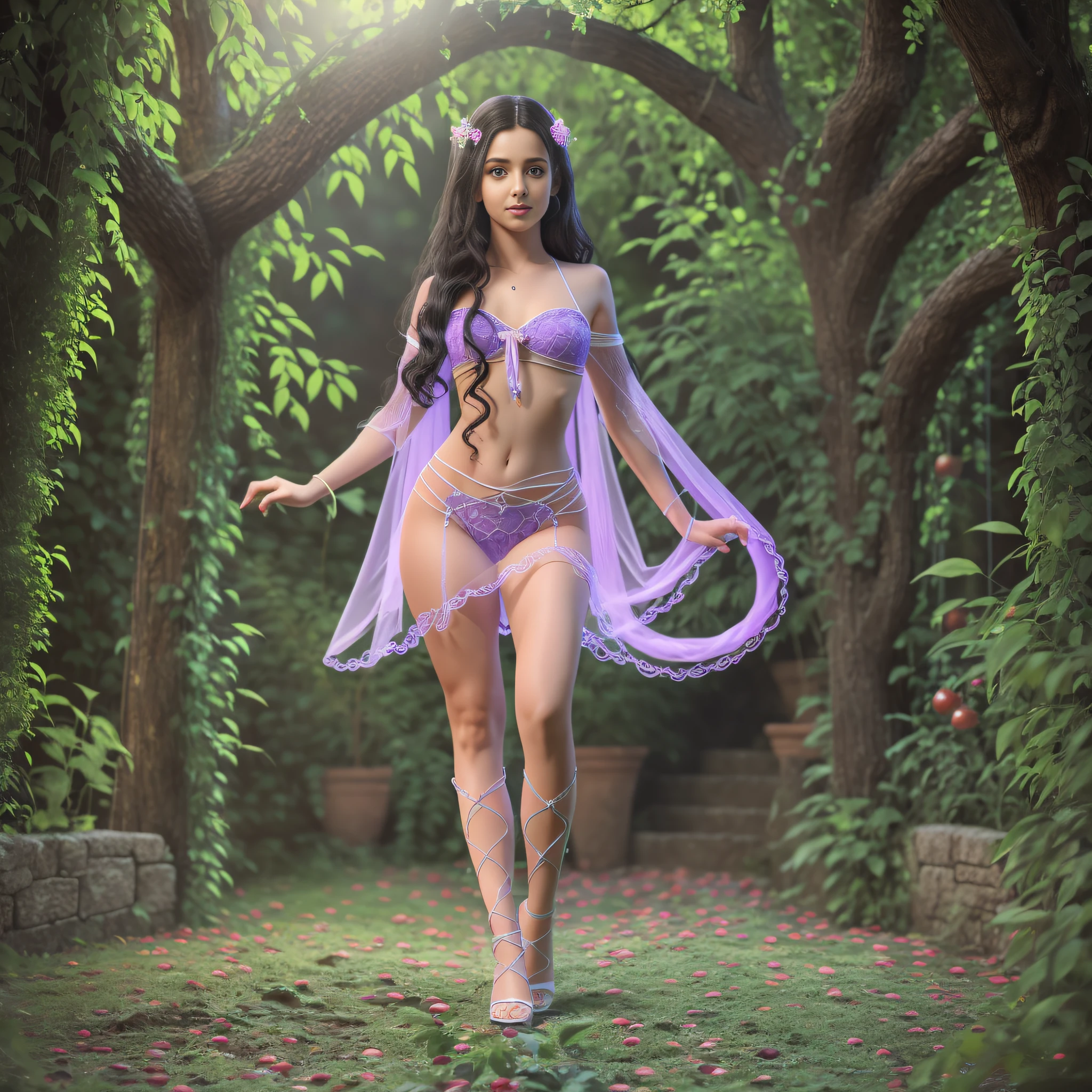 Full body, EVA Rapunzel girl with graceful figure with black hair in the Garden of Eden, girl's body sexy, legs long and graceful, graceful ankles, in the background tree of life on which serpent tempts and red apple of life knowledge, serpent tempts girl, photorealism, super detailed, site 500px, contrast lighting, outline around girl, fill light is soft, 32k