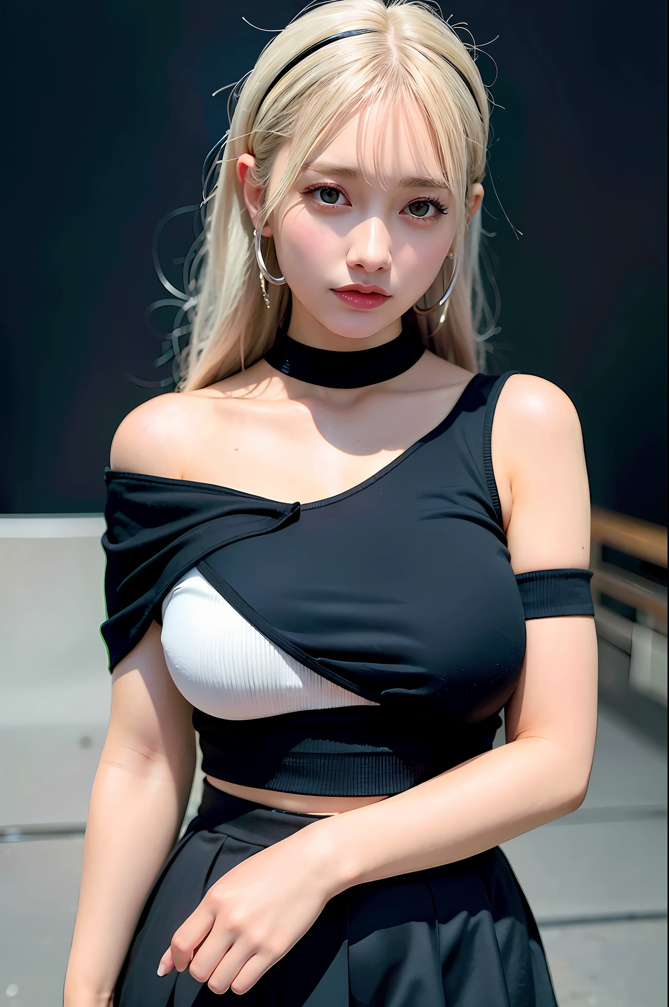 best quality, ultra high res, (photorealistic:1.4), 1girl, off-shoulder white shirt, black tight skirt, black choker, (faded ash gray hair:1), (huge breasts:1.2), looking at viewer, closeup ,
