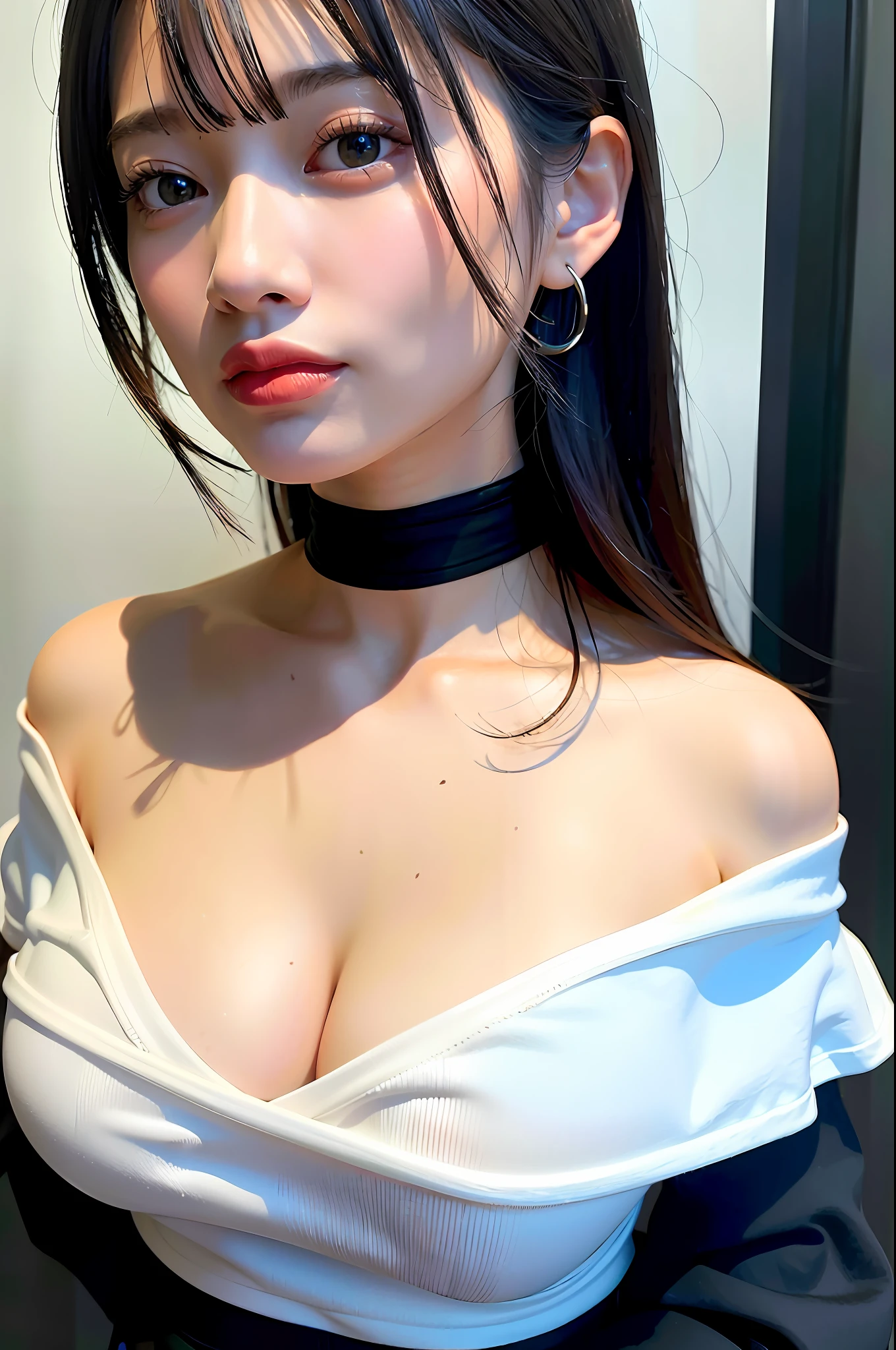 best quality, ultra high res, (photorealistic:1.4), 1girl, off-shoulder white shirt, black tight skirt, black choker, (faded ash gray hair:1), (huge breasts:1.2), looking at viewer, closeup ,