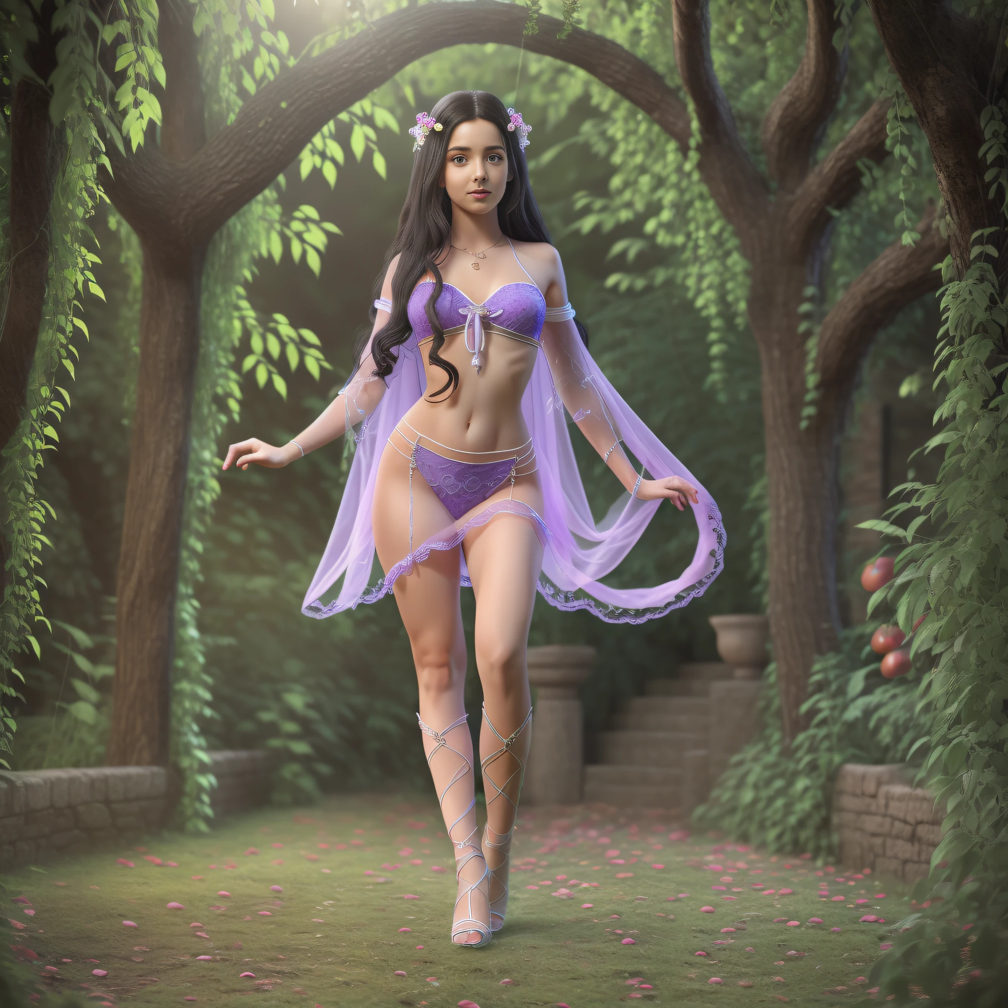 Full body, EVA Rapunzel girl with graceful figure with black hair in the Garden of Eden, girl's body sexy, legs long and graceful, graceful ankles, in the background tree of life on which serpent tempts and red apple of life knowledge, serpent tempts girl, photorealism, super detailed, site 500px, contrast lighting, outline around girl, fill light is soft, 32k