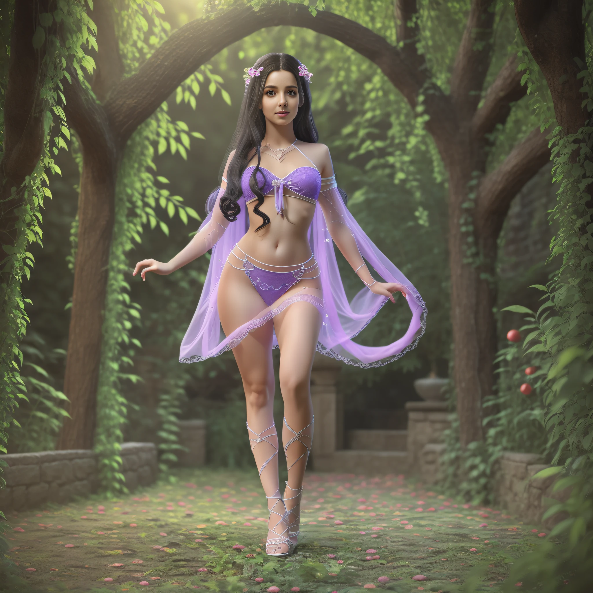 Full body, EVA Rapunzel girl with graceful figure with black hair in the Garden of Eden, girl's body sexy, legs long and graceful, graceful ankles, in the background tree of life on which serpent tempts and red apple of life knowledge, serpent tempts girl, photorealism, super detailed, site 500px, contrast lighting, outline around girl, fill light is soft, 32k