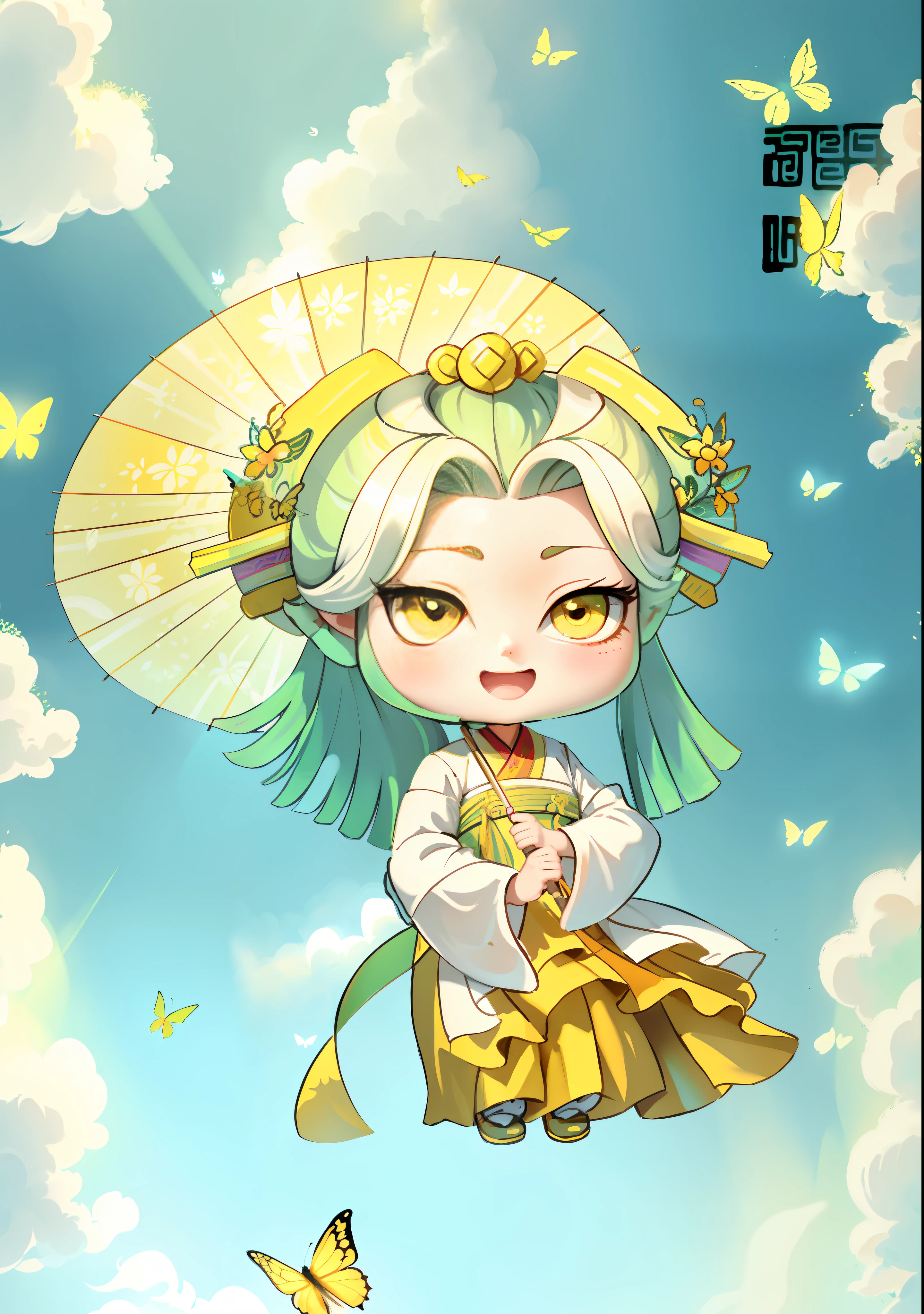 A painting of a Chinese girl holding an oil-paper umbrella, yellow hair, ancient Chinese princess, wearing Tang Dynasty clothes, skirt is green, light ribbon flying on her hand, the scene has two butterflies playing, light umbrella, bright color block, bright color, line art, infinite details, fine painting, beautifully depicted, blank background