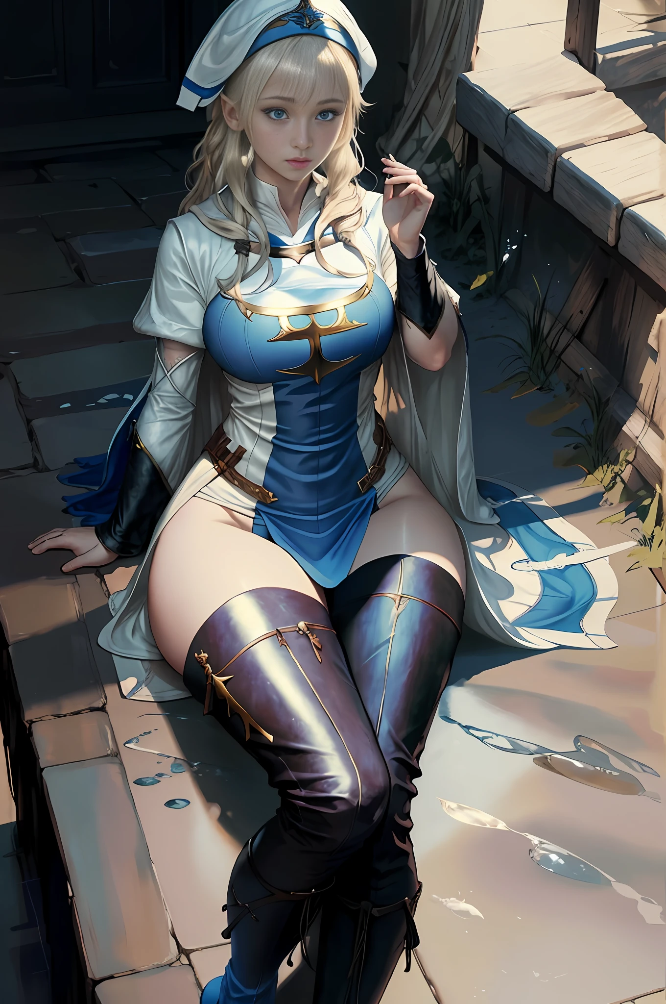 masterpiece, realistic, realism, photorealism, high contrast, photorealistic digital art trending on Artstation 8k HD high definition detailed realistic, young beautiful woman, petite, very small perky breasts, ((blue eyes)), blonde knee long hair, tight white boots, white knee high socks, ((priestess)), parted lips, art by artgerm and ruan jia and greg rutkowski surreal painting, detailed, skin texture, hyper-detailed, realistic skin texture, side view, garden, praying, head down, sitting,