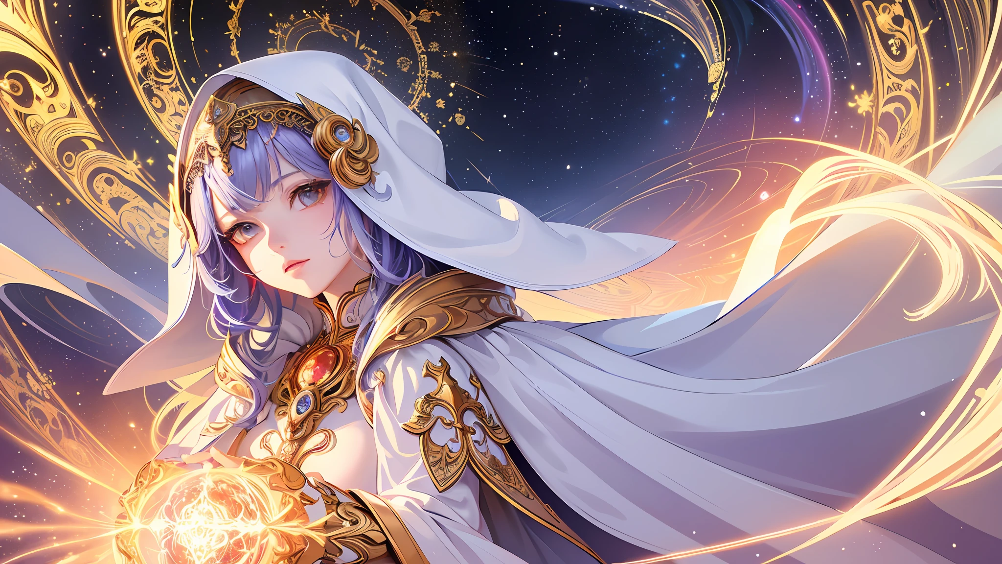 (masterpiece, top quality, best quality, official art, beautiful and aesthetic:1.2), (1girl), extreme detailed, (fractal art:1.3), colorful, highest detailed, perfect face, upper body, HDR, (praying:1.3), (white cloak golden lines:1.2), galaxy, (light streaks), striking visuals, (dynamic streaks, luminous trails:1.2), vibrant colors,