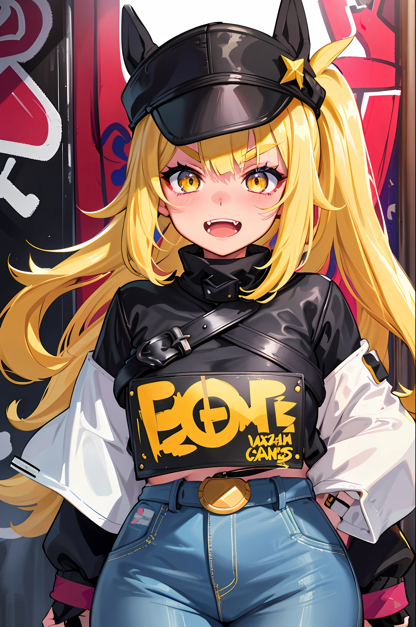 Original Character, Volumetric Lighting, Best Shadow, Shallow Depth of Field, Portrait of a Stunning Girl, Petite, Delicately Beautiful and Charming Face, Charming Yellow Eyes, Messy Painted Face, Sharp Eyebrows, Bright Smile, Open Mouth, Fangs Exposed, Cute Medium Tits, Layered Long Ponytail Blonde, Blushing Eye Shadow, Thick Eyelashes, Applejack Hat, Oversized Pop Jacket, Mini Underboob Tee, Crop Button, Slim Waist, Jean Jeans, Buckle Belt, In The Graffiti Alley, trash can, outside the stairs, outdoor unit, holding a spray paint can, standing, (highest quality, amazing detail: 1.25), (solo: 1.3), brilliant and colorful painting, Genshin