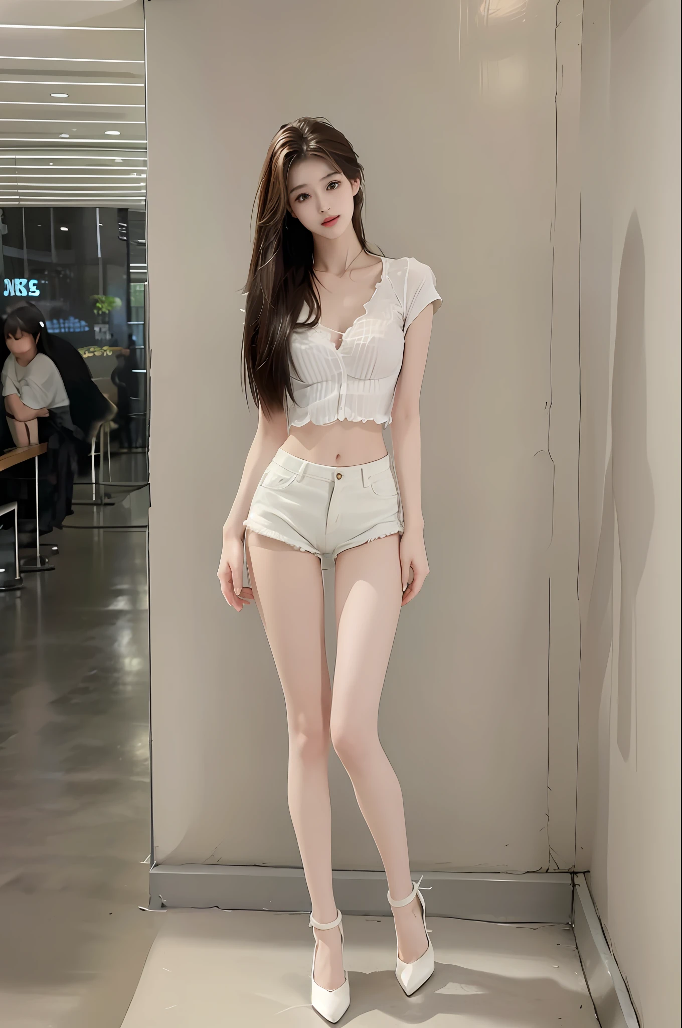 Realistic, high resolution, 1 girl, long hair, Korean,, loose white shirt, skinny denim shorts,, thighs, panties visible, big bust, big hips, long legs, stockings, high heels