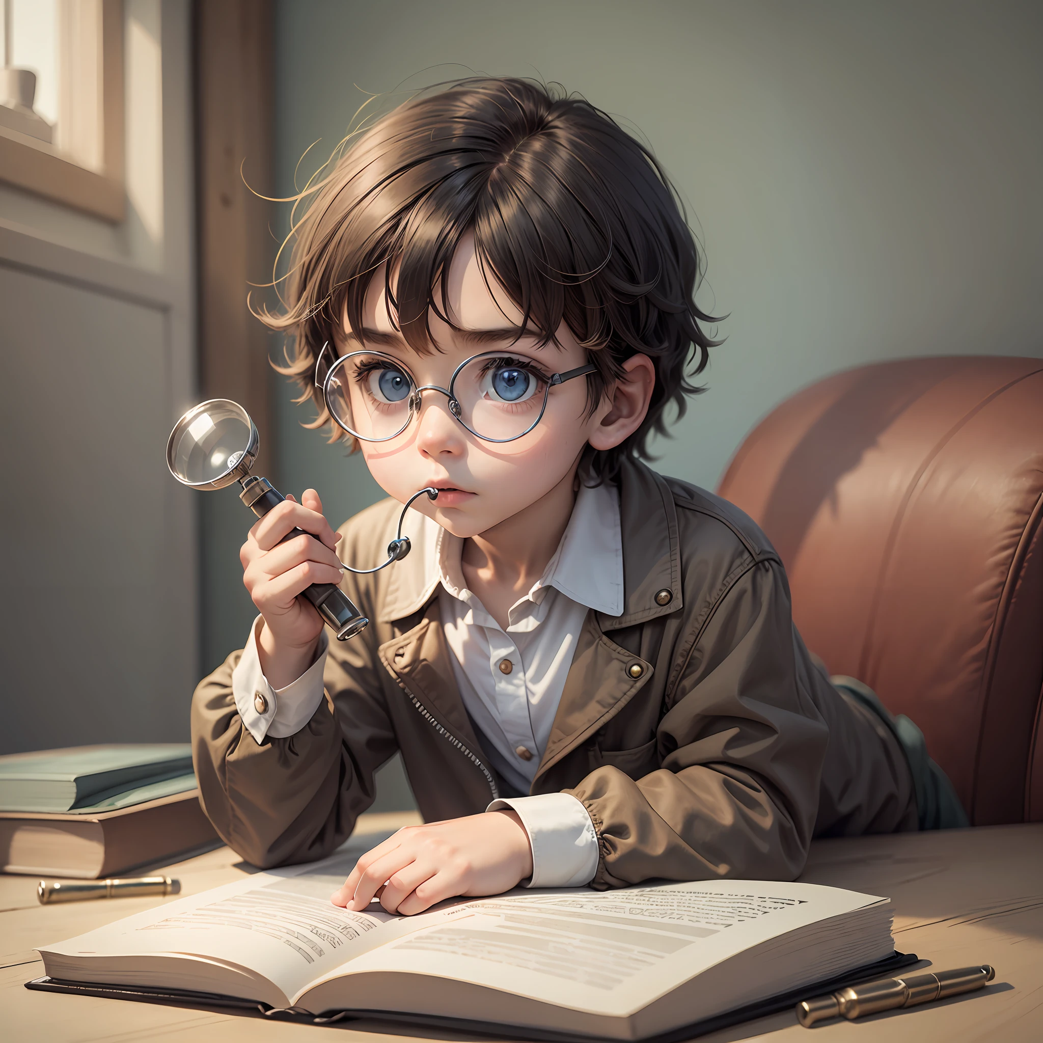 A bent child, sideways, holding a magnifying glass in his hand --auto --s2