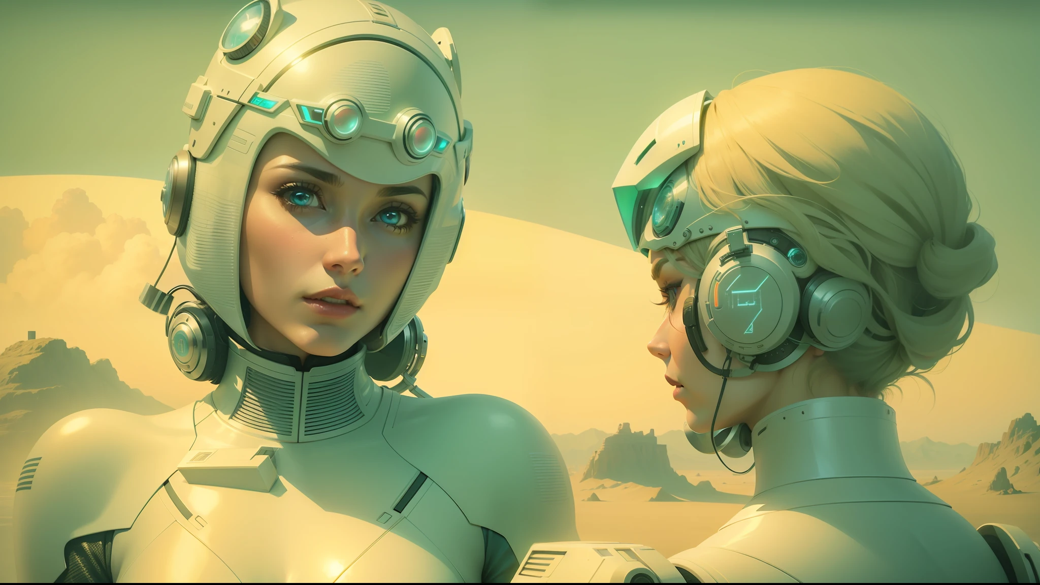 a woman with a futuristic helmet talking to another woman, an album cover by Bedwyr Williams, cgsociety, retrofuturism, sci-fi, reimagined by industrial light and magic, synthwave