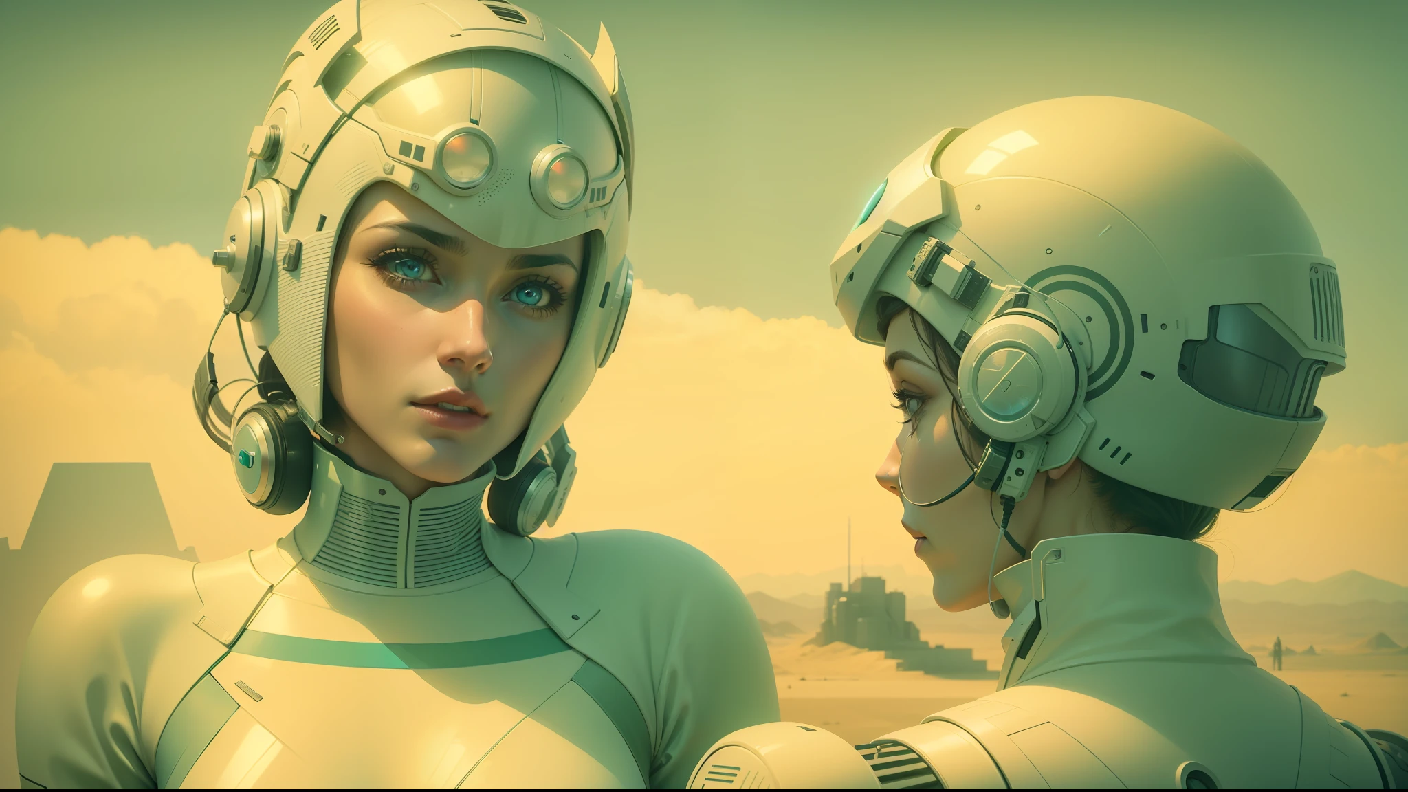 a woman with a futuristic helmet talking to another woman, an album cover by Bedwyr Williams, cgsociety, retrofuturism, sci-fi, reimagined by industrial light and magic, synthwave