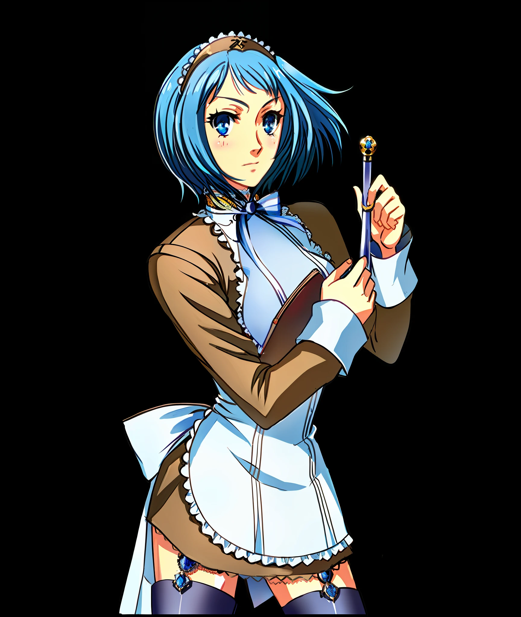 a close up of a person holding a book and a wand, fubuki, ayanami, jrpg character, natalie from epic battle fantasy, beatrice blue, cushart krenz key art feminine, maya fey from ace attorney, jrpg character art, inspired by Leiko Ikemura, vincent di fate nausicaa, inspired by Armin Baumgarten, maid uniform, board, writing, apron white