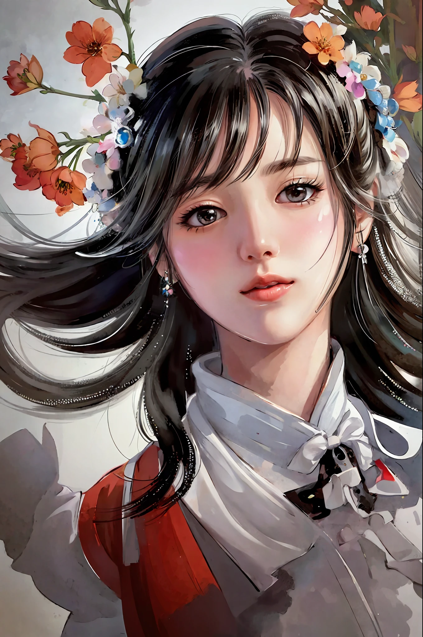 stechu,(white background:1.4), ((tachi-e)), original,(illustration:1.1),(best quality),(masterpiece:1.1),(extremely detailed CG unity 8k wallpaper:1.1), (colorful:0.9),(panorama shot:1.4),(solo:1.2), (ink splashing),(color splashing),((watercolor)), clear sharp focus,{ 1girl standing },((korean style )),flower background,outdoors,rocks, looking at viewer, make happy expressions,soft smile,pure,beautyfull detailed face and eyes,beautyfull intricacy clothing decorative pattern details, black hair,black eyes,colorwater