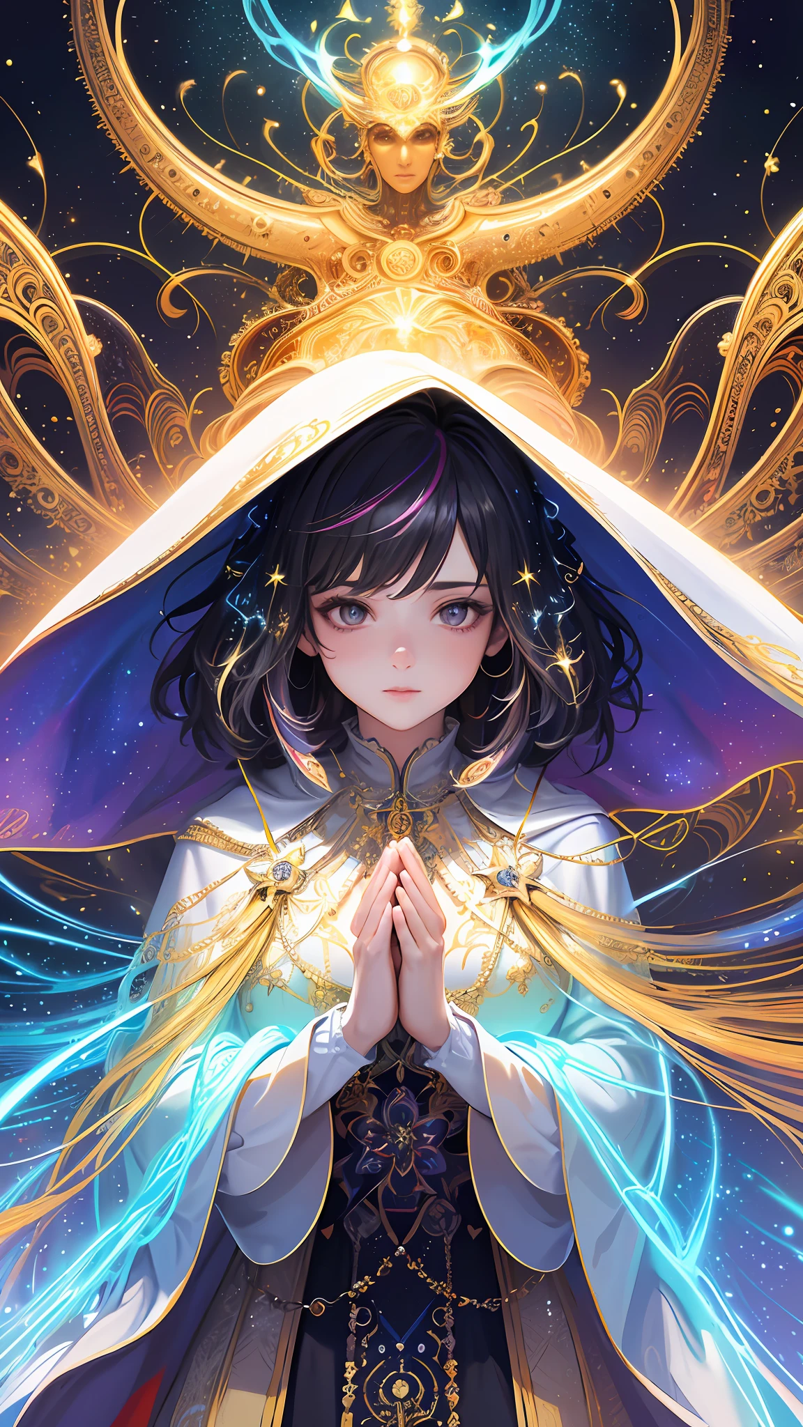 (masterpiece, top quality, best quality, official art, beautiful and aesthetic:1.2), (1girl), extreme detailed, (fractal art:1.3), colorful, highest detailed, perfect face, upper body, HDR, (praying:1.3), (white cloak golden lines:1.2), galaxy, (light streaks), striking visuals, (dynamic streaks, luminous trails:1.2), vibrant colors,