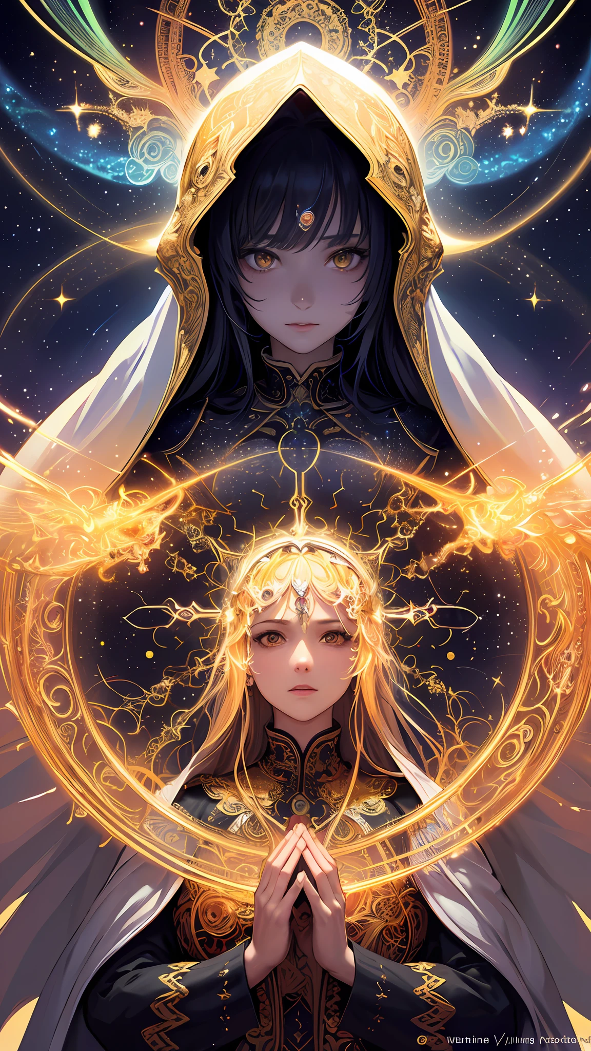 (masterpiece, top quality, best quality, official art, beautiful and aesthetic:1.2), (1girl), extreme detailed, (fractal art:1.3), colorful, highest detailed, perfect face, upper body, HDR, (praying:1.3), (white cloak golden lines:1.2), galaxy, (light streaks), striking visuals, (dynamic streaks, luminous trails:1.2), vibrant colors,