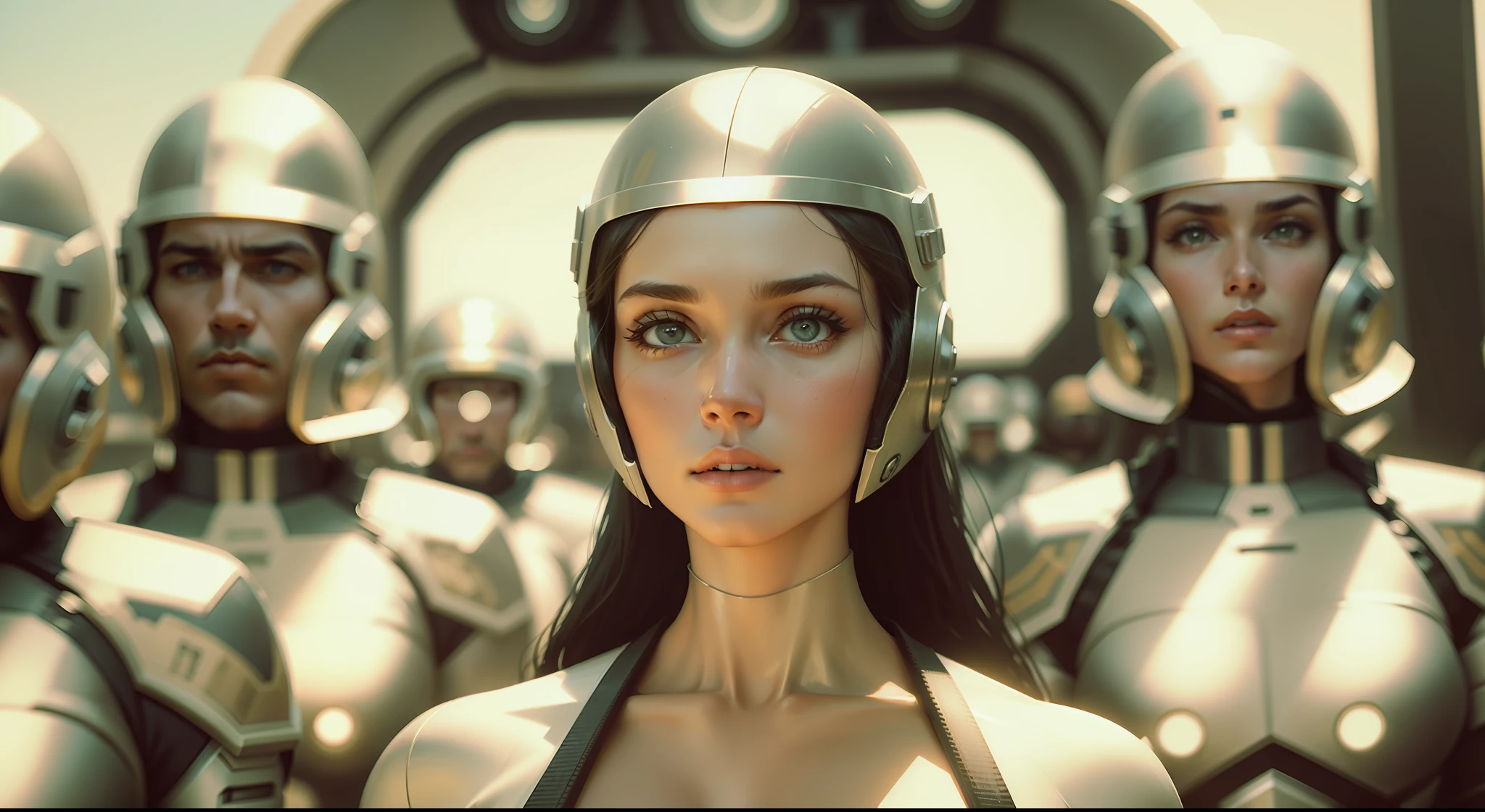 a woman with a helmet standing in front of a group of men, a screenshot by Koloman Sokol, cgsociety, retrofuturism, sci-fi, futuristic, fantasy