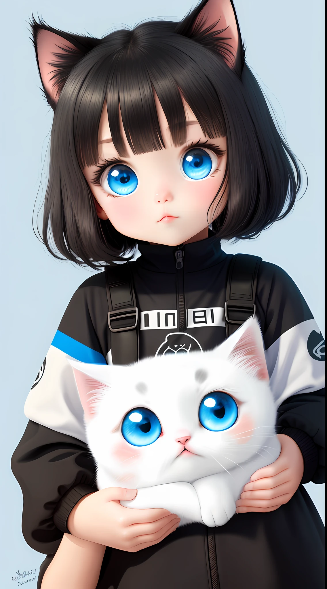 Sticker with big and cute blue eyes with black kitten outline