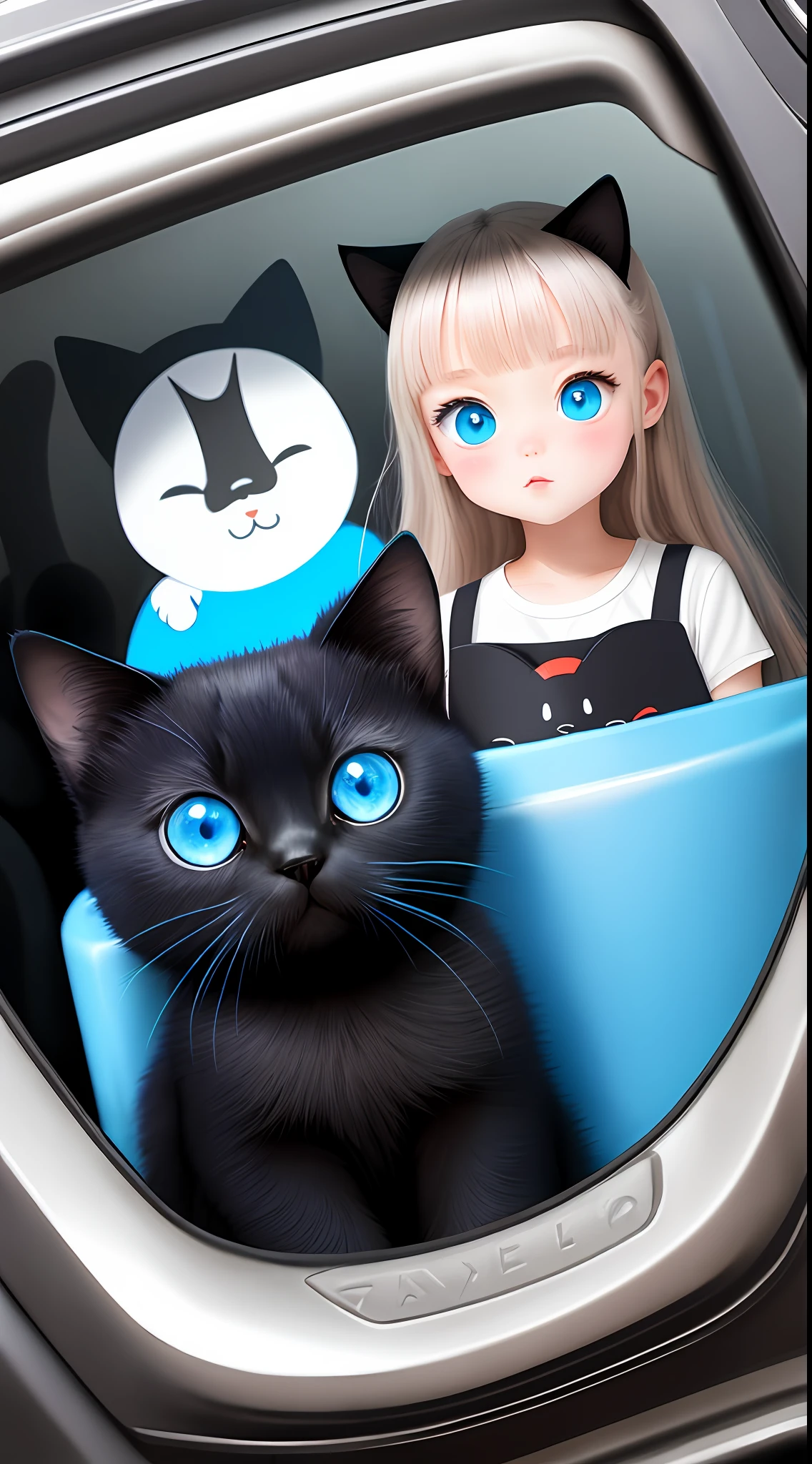Sticker with big and cute blue eyes with black kitten outline
