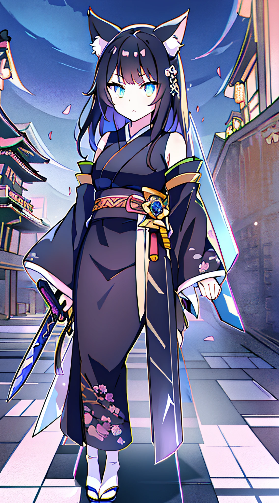 masterpiece, best quality, illustration, chromatic aberration, 1girl, solo, cute face, asymmetrical bangs, beautiful detailed eyes, eye shadow, beautiful detailed sky, dark intense shadows, blank stare, big top sleeves, hair ornament, hdr, (black japanese clothes:1.331), obi, cat ears, cat girl, small breasts, (sword:1.331), (black hair:1.21), (expressionless:1.4641), (aged down:1.21), (full body:1.331)