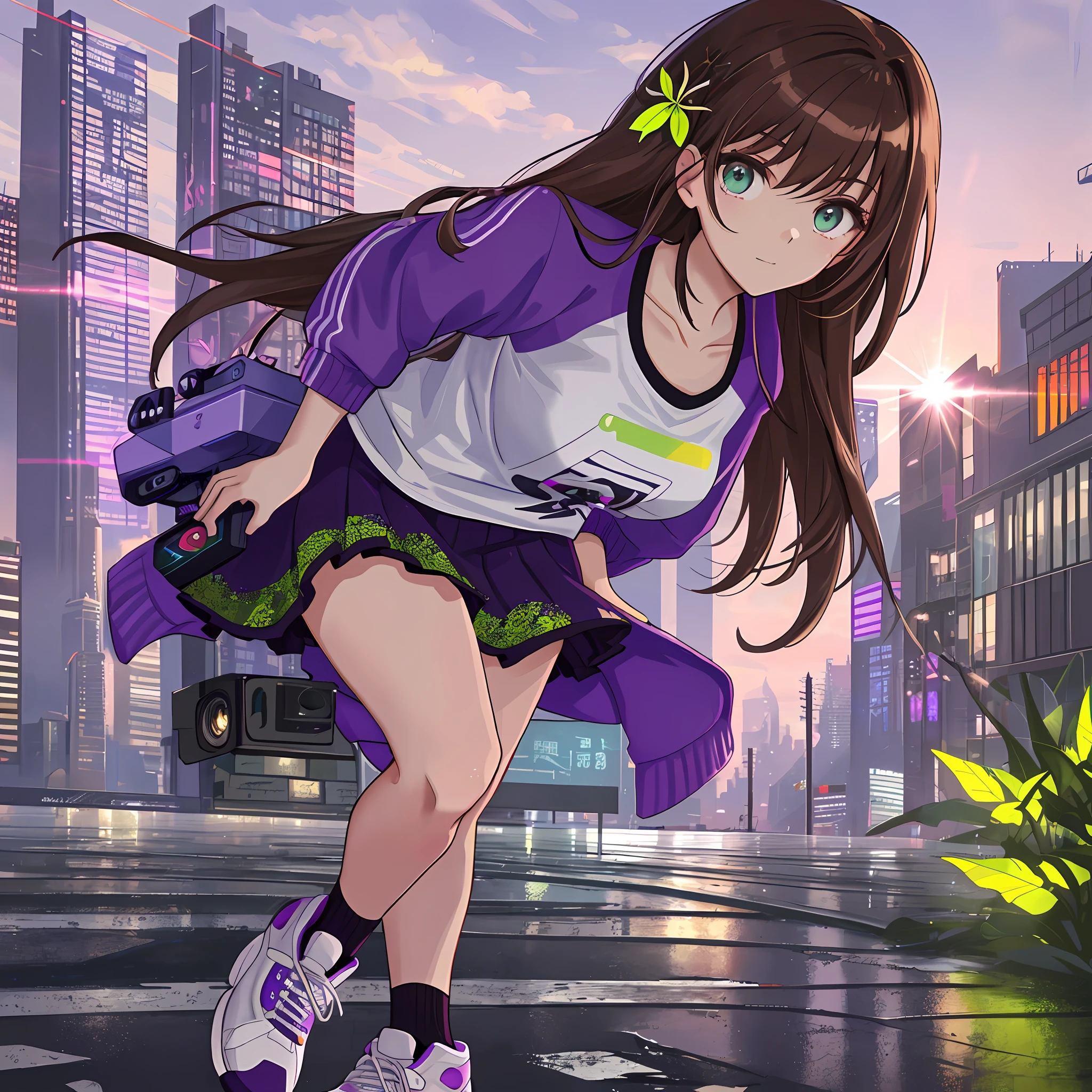 ((Masterpiece)) (best quality) looking at viewer, detailed camera, lime nail polish, sexy expression, extremely complex, (Beautiful young woman) (in a cyberpunk city), (outdoors), (wearing a printed T-shirt), skirt, purple sneakers, (long platinum brown hair with accents), (hair ornaments), holding camera, headbands in hands, warm colors, puddles reflecting, sound clouds, light purple sky, I look sharp and smooth, animated angle,