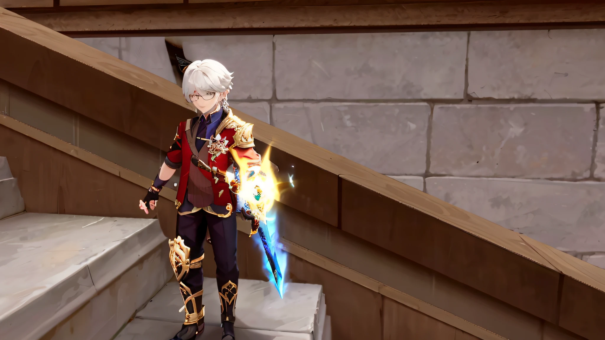 there is a man with eye glass in a red jacket and black pants standing on a set of stairs, wielding a magical sword, wielding a magic staff, wielding a keris sword, lalafell, holding a magic staff, thancred waters in style of wlop, wielding a flaming sword, wielding a decorated halberd, lineage 2 revolution style, genshin impact character