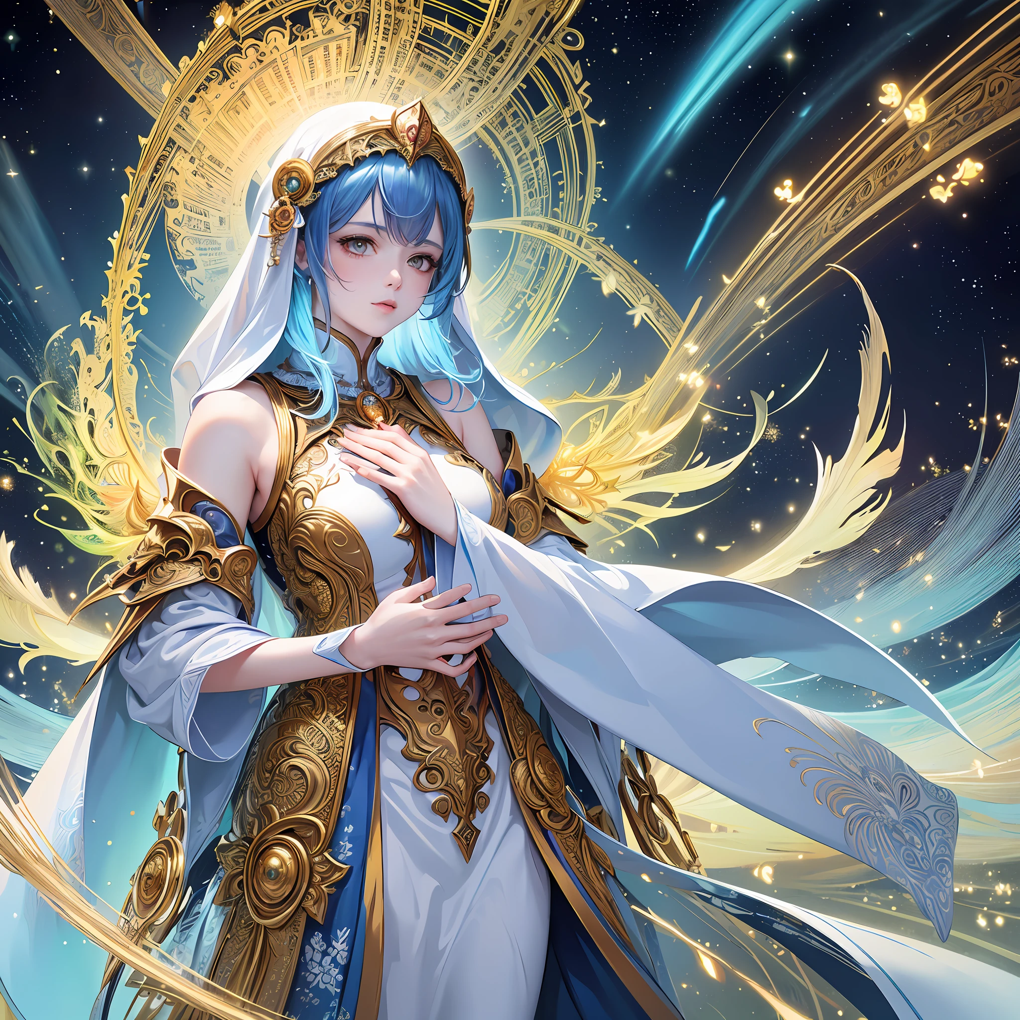 (masterpiece, top quality, best quality, official art, beautiful and aesthetic:1.2), (1girl), extreme detailed, (fractal art:1.3), colorful, highest detailed, perfect face, upper body, HDR, (praying:1.3), (white cloak golden lines:1.2), galaxy, (light streaks), striking visuals, (dynamic streaks, luminous trails:1.2), vibrant colors,