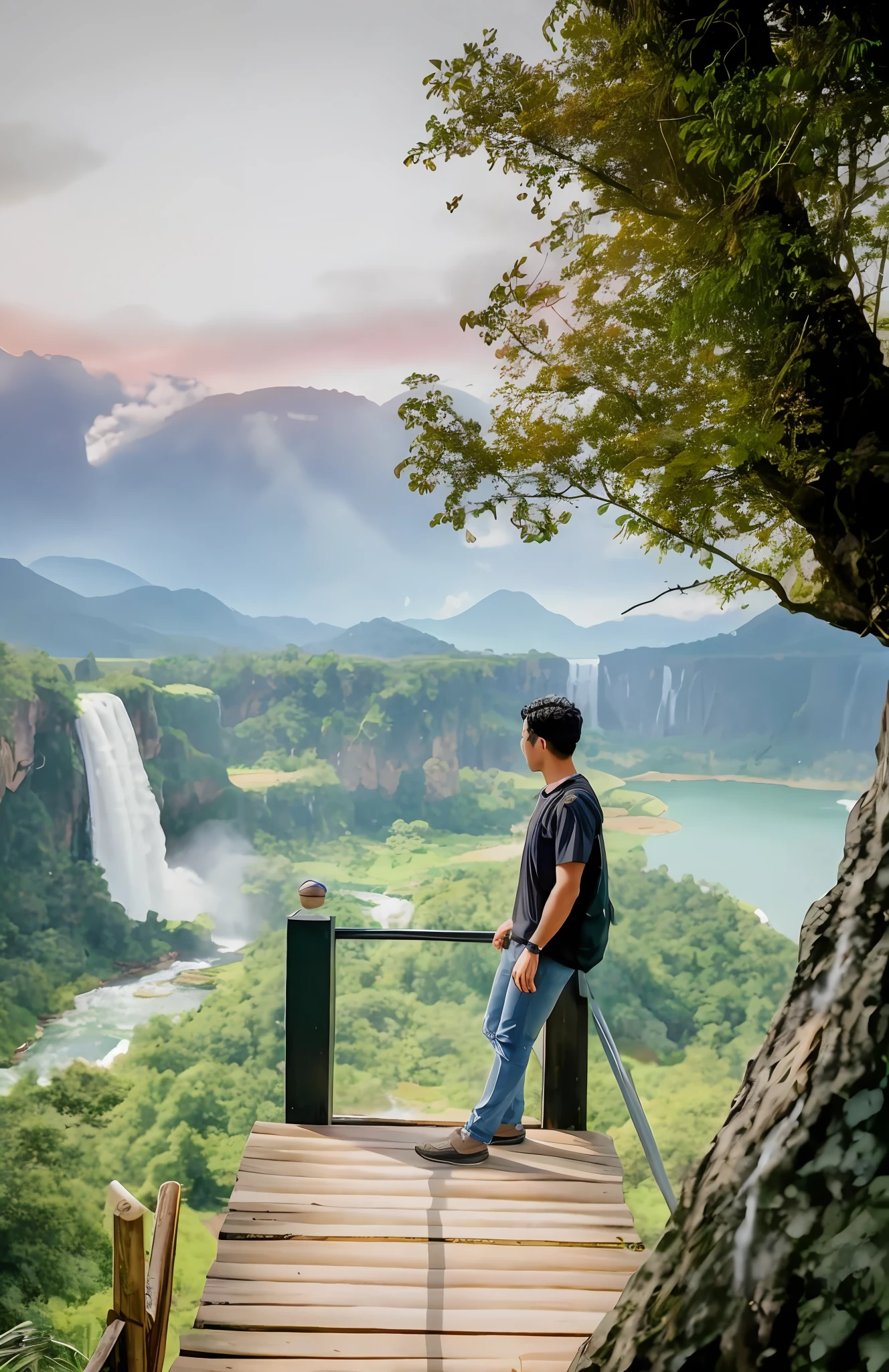 arafed man standing on a wooden platform overlooking a waterfall, waterfalls in the background, with trees and waterfalls, standing near a waterfall, standing in front of a waterfall, waterfalls and lakes, scenic view, waterfall in the background, beautiful scenic view, instagram photo amazing view, next to a waterfall, with waterfalls, stunning nature in background, overlooking a valley, amidst nature