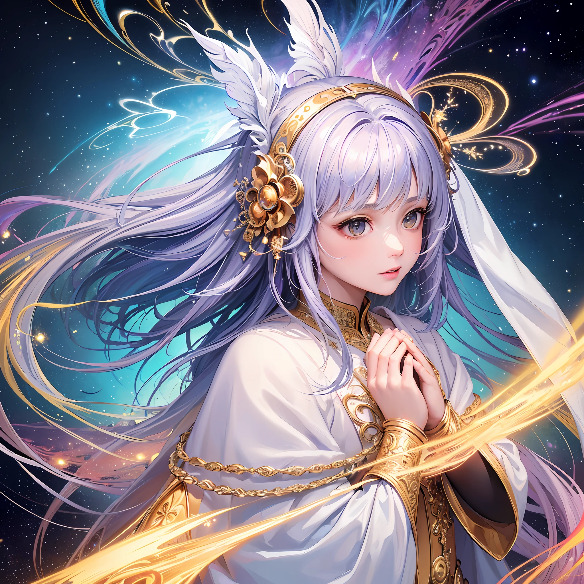 (masterpiece, top quality, best quality, official art, beautiful and aesthetic:1.2), (1girl), extreme detailed, (fractal art:1.3), colorful, highest detailed, perfect face, upper body, HDR, (praying:1.3), (white cloak golden lines:1.2), galaxy, (light streaks), striking visuals, (dynamic streaks, luminous trails:1.2), vibrant colors,