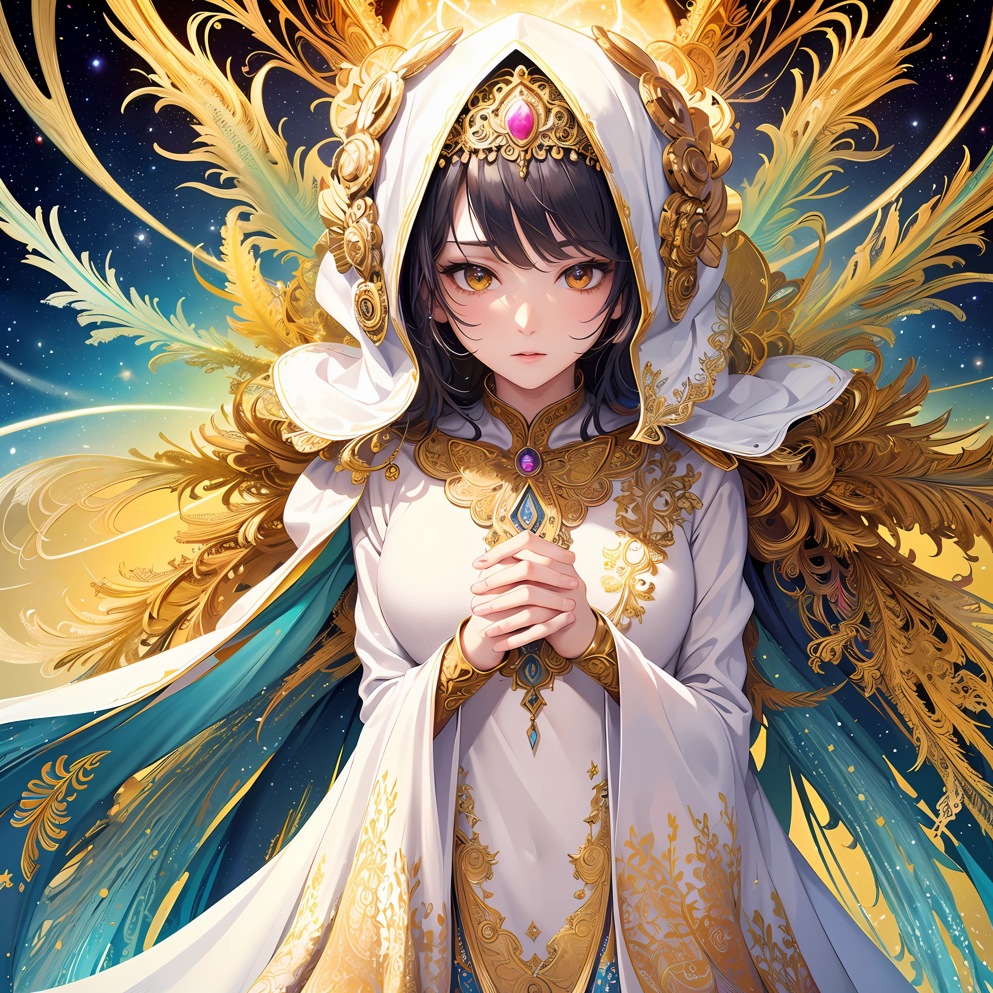 (masterpiece, top quality, best quality, official art, beautiful and aesthetic:1.2), (1girl), extreme detailed, (fractal art:1.3), colorful, highest detailed, perfect face, upper body, HDR, (praying:1.3), (white cloak golden lines:1.2), galaxy, (light streaks), striking visuals, (dynamic streaks, luminous trails:1.2), vibrant colors,