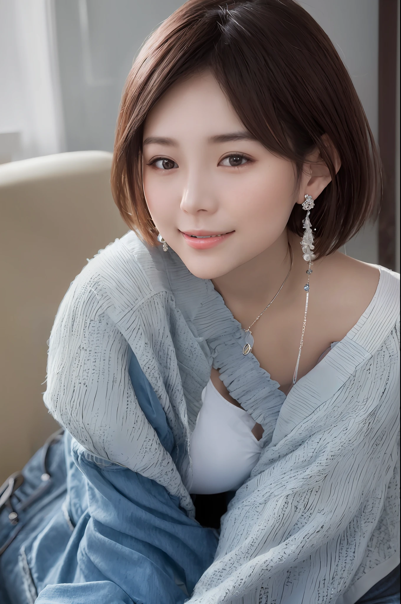 Smiling minchen, ridiculous, closed mouth, balanced eyes, (Best Quality Detail: 1.2), Realistic, 8K HD, Ultra Detailed, High Quality Texture, Complex Detail, Detailed Texture, Fine Detail, High Detail, Very Detailed CG, High Quality Shadows, Delicate Beautiful Delicate Face, (Delicate Beautiful Delicate Eyes: 1.32), Depth of Field, Ray Tracing, (A Beautiful 28 Year Old Cute Chinese Lady: 1), Big Breasts, Tall Feminine, Beautiful Legs, Glow Eyes, Blush, Perfect Petite, Scrawny, Blurred Outdoor Background, Silver Skinny Bra, Blue Taste Denim Jacket, Cardigan Coat: 1.1, [Brown skirt]: 1, stockings and suspenders: 1.2, short hair, comfortable living room, sunshine, holding a lively cute little boy sitting on sofa, earrings, necklace, model, looking at the audience, dynamic pose, earrings, necklace, model, looking at the audience, from the side, dynamic pose, front