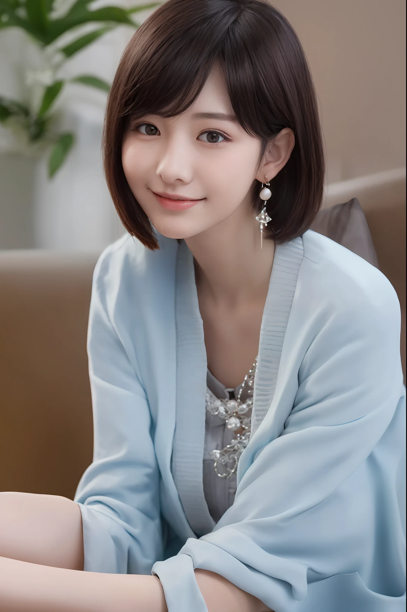 Smiling minchen, ridiculous, closed mouth, balanced eyes, (Best Quality Detail: 1.2), Realistic, 8K HD, Ultra Detailed, High Quality Texture, Complex Detail, Detailed Texture, Fine Detail, High Detail, Very Detailed CG, High Quality Shadows, Delicate Beautiful Delicate Face, (Delicate Beautiful Delicate Eyes: 1.32), Depth of Field, Ray Tracing, (A Beautiful 28 Year Old Cute Chinese Lady: 1), Big Breasts, Tall Feminine, Beautiful Legs, Glow Eyes, Blush, Perfect Petite, Scrawny, Blurred Outdoor Background, Silver Skinny Bra, Blue Taste Denim Jacket, Cardigan Coat: 1.1, [Brown skirt]: 1, stockings and suspenders: 1.2, short hair, comfortable living room, sunshine, holding a little boy (a lively and cute little boy) sitting on the sofa, earrings, necklace, model, looking at the audience, dynamic pose, earrings, necklace, model, looking at the audience, from the side, dynamic pose, front,