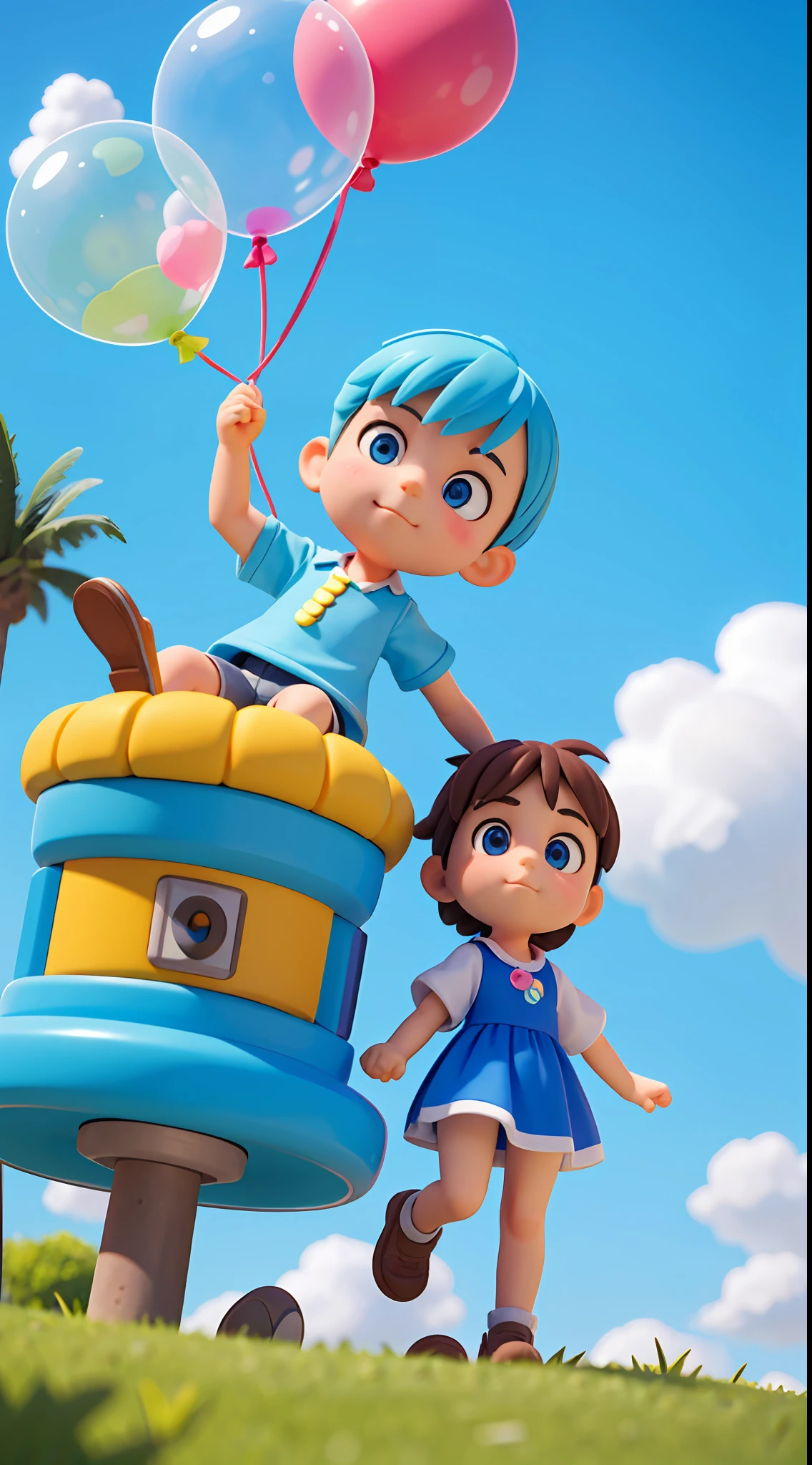 (two people), (middle-aged uncle: 1.3), (child), holding hands, balloons around, fashionable clothes, colorful, blue sky and white clouds, natural scenery, lots of grasslands around, amusement park background, dreamy, exciting, super cute kids IP by bubble mart, bright colors, model blind box toy, Disney style, fine gloss, oc rendering, pastel colors, movie textures, medium close-up, high detail, 3d rendering, high quality, best quality, 8K