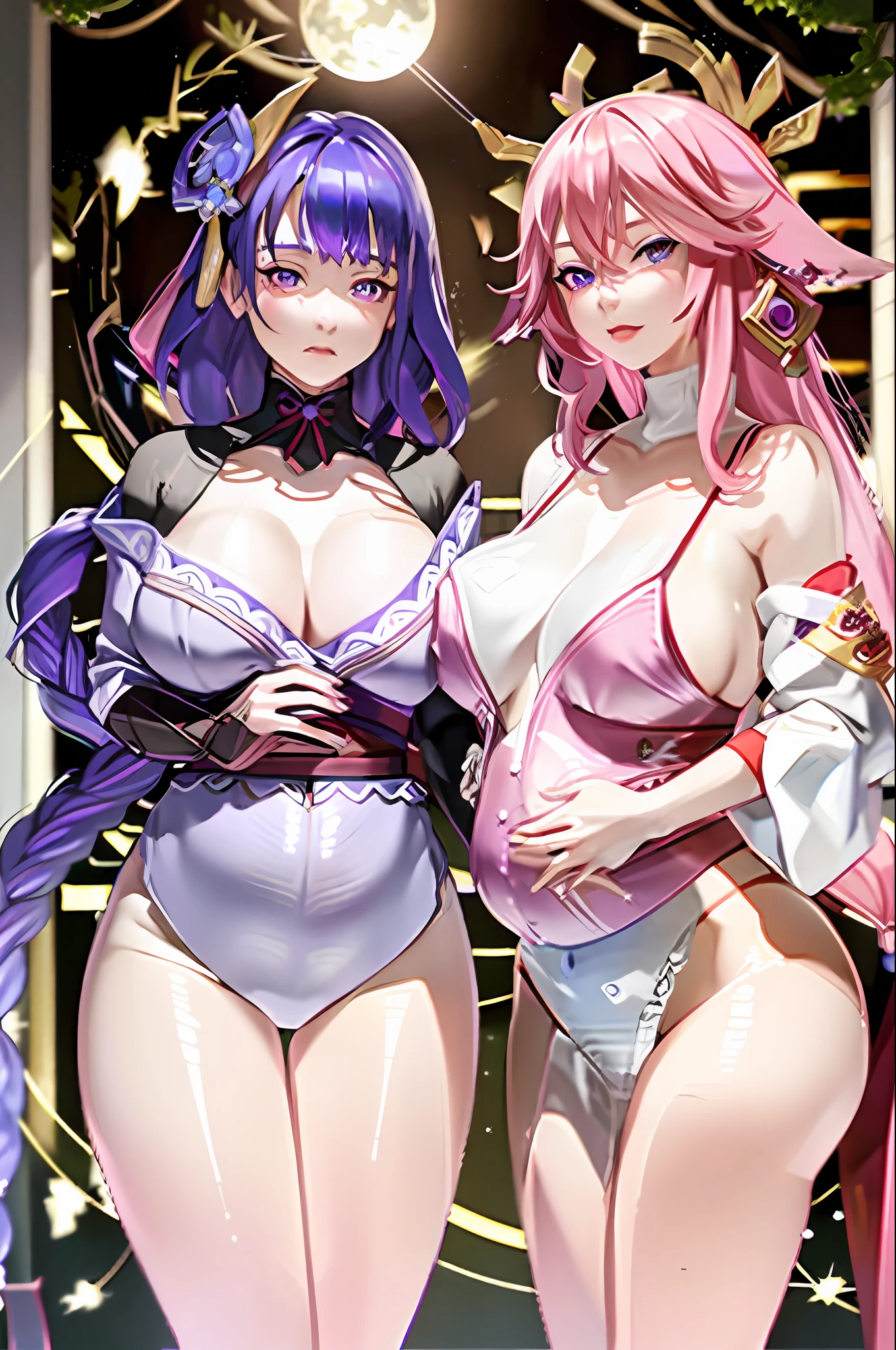 Masterpiece, Best Quality, Multiple Girls, Tits, 2Girls, Yae Witch, Raiden Shogun, Purple Eyes, Pink Hair, Japanese Costume, Purple Hair, Big Breasts, Long Hair, Cleavage, Hair Accessories, Thighs, Purple Kimono, Stockings, Bangs, Beast Ears, Sleeve Removal, Fox Ears, Wide Sleeves, Kimono, Moon, Weapon, Braid, (KBXLL: 0.8), Pregnant