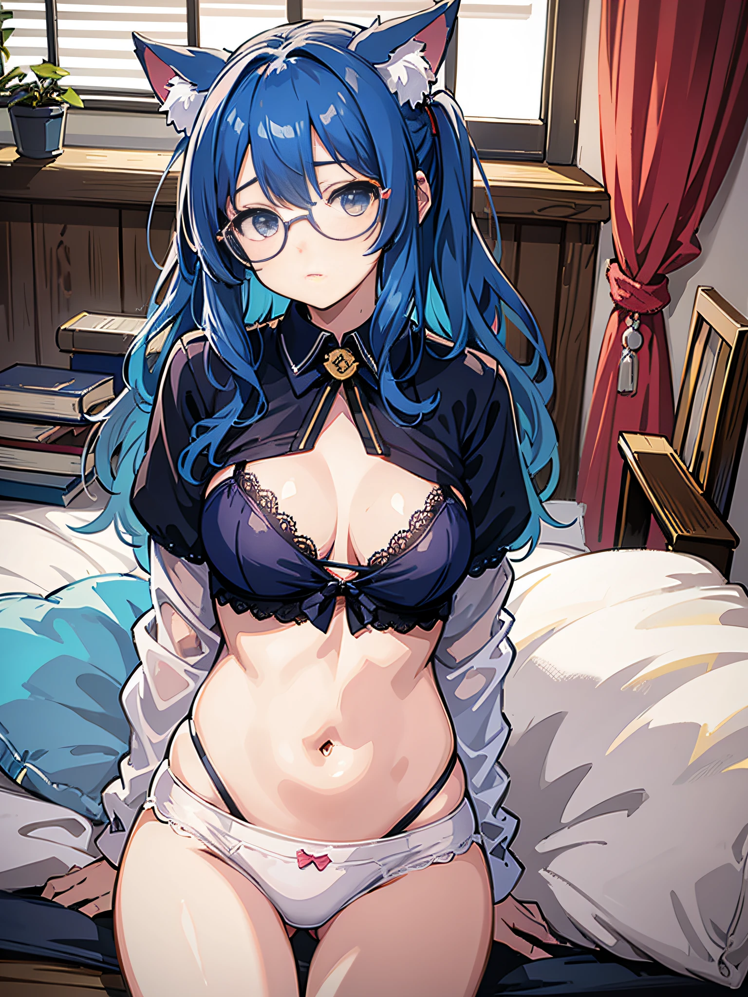 In the room, underwear, blush, focus on face, bangs, hair ring, blue hair, cat ears, glasses