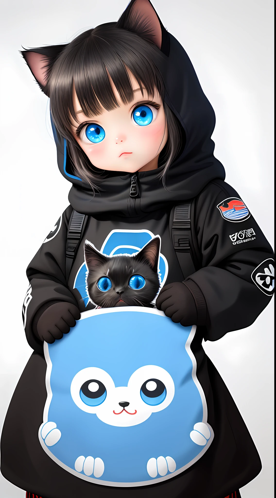 Sticker with big and cute blue eyes with black kitten outline