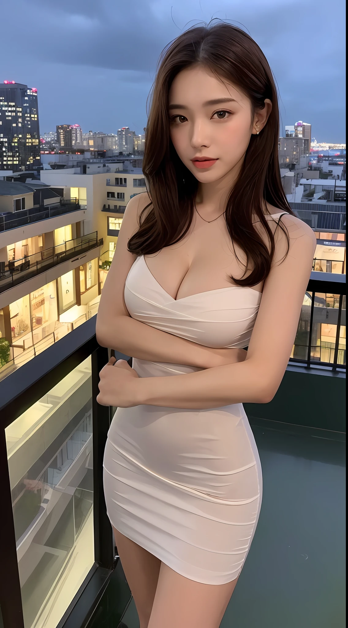 ((Best quality, 8k, Masterpiece: 1.3)), Selfie, Sharp focus: 1.2, Cute beautiful woman with perfect body: 1.4, Slim big breasts: 1.2, ((Brown hair dark, Big breasts: 1.2)) , (small transparent dress, half naked, highly detailed breasts, Happy expression, bending: 1.2), ((Night view of the city with rain, Balcony simple: 1.3 making with the female being the main focus)), Highly detailed face and skin texture, Detailed eyes, Double eyelid