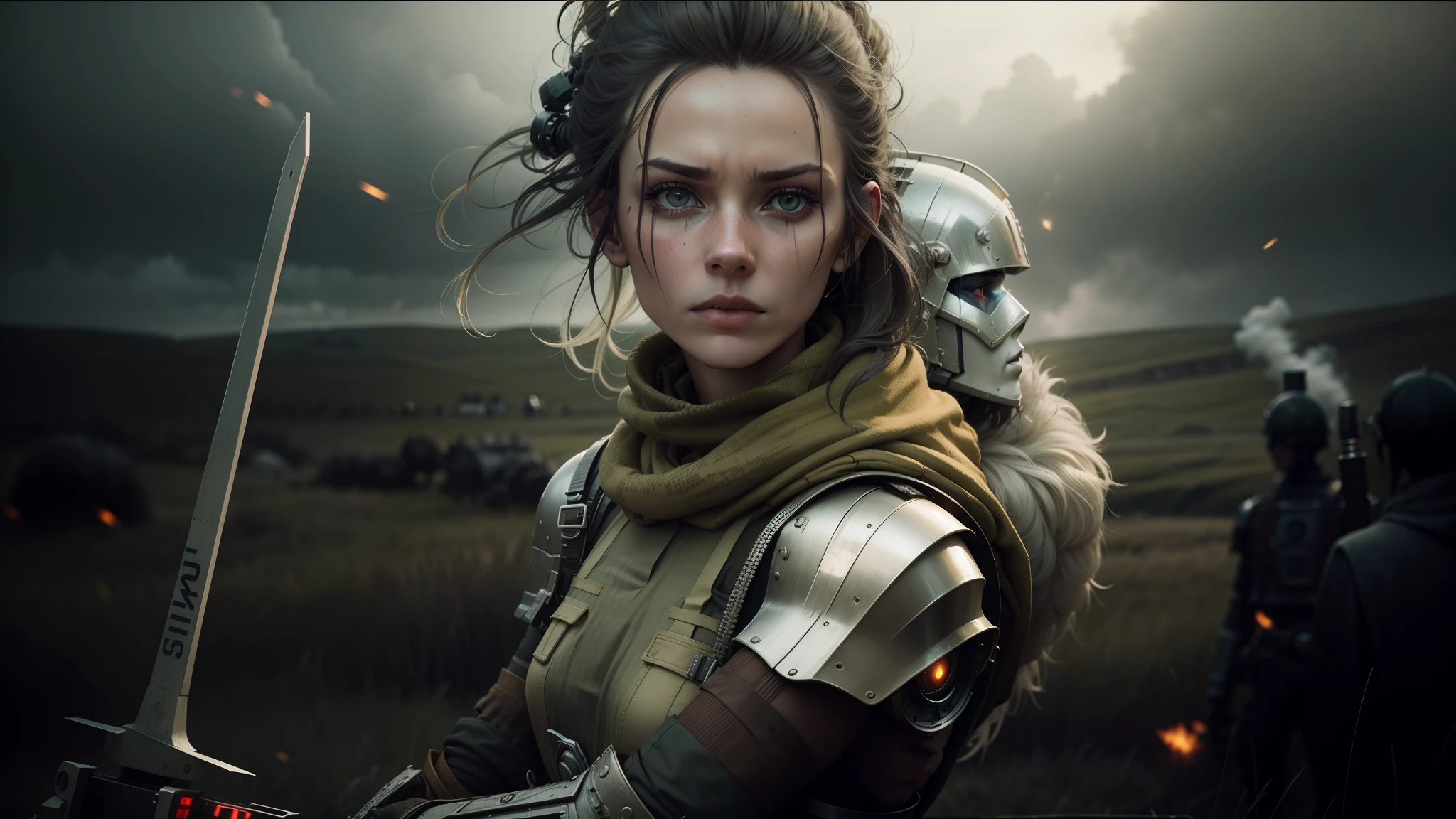 there is a woman standing next to a robot in a field, inspired by Nína Tryggvadóttir, vfx, smogpunk, irreverent characters, an epic non - binary model, moorland, medium shot of two characters, after effects, human soldiers, oilpunk, by Nína Tryggvadóttir, pathfinder